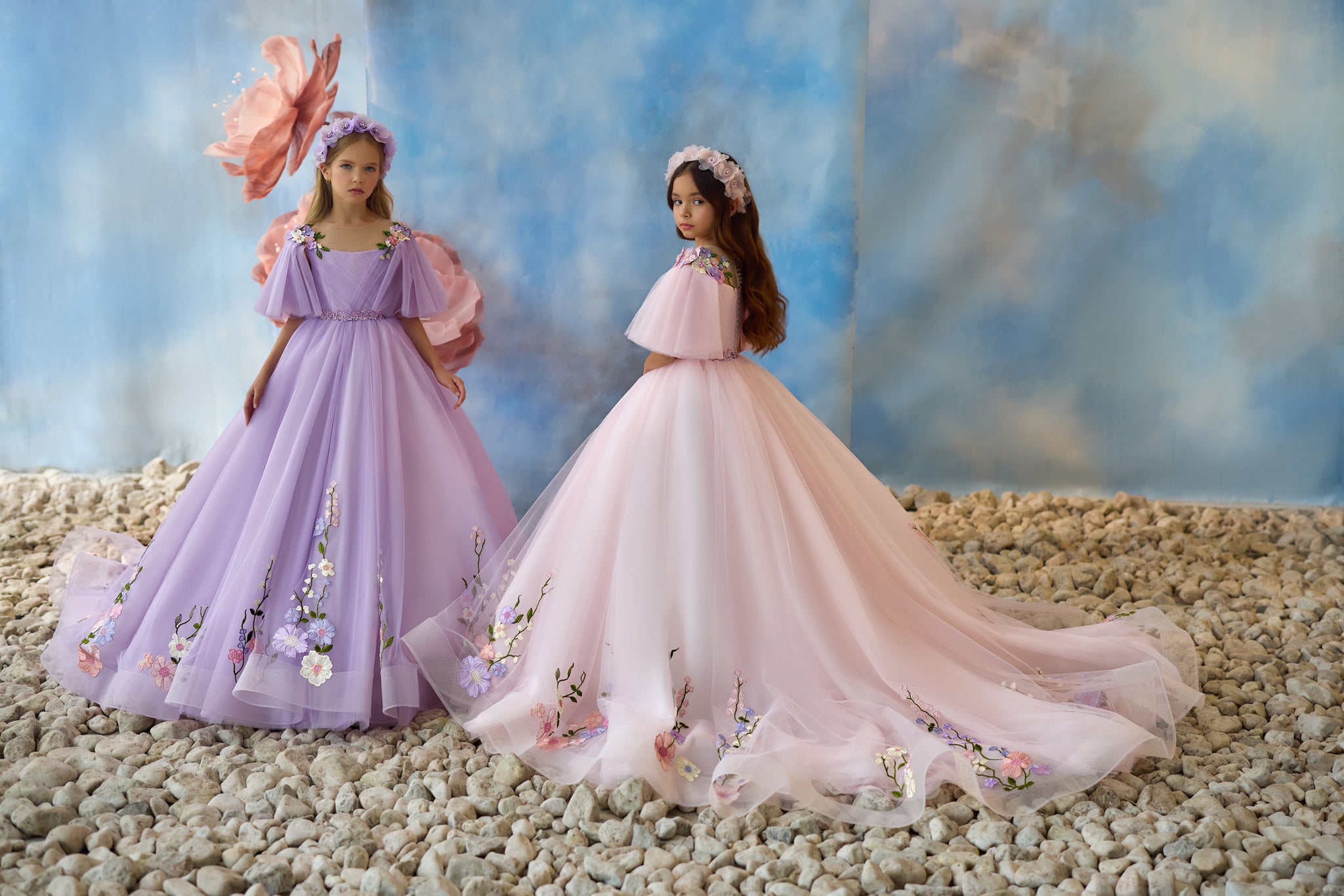 Pentelei 3702 Soft Pink Kids' Gown with Floral Appliqus, Flutter Sleeves, and Bejeweled Waistband | Fairy-Tale Charm | Marelli Exclusive 4 / Purle Pentelei 3702 Soft Pink Kids' Gown with Floral Appliqus, Flutter Sleeves, and Bejeweled Waistband | Fairy-Tale Charm | Marelli Exclusive 4 / Purle