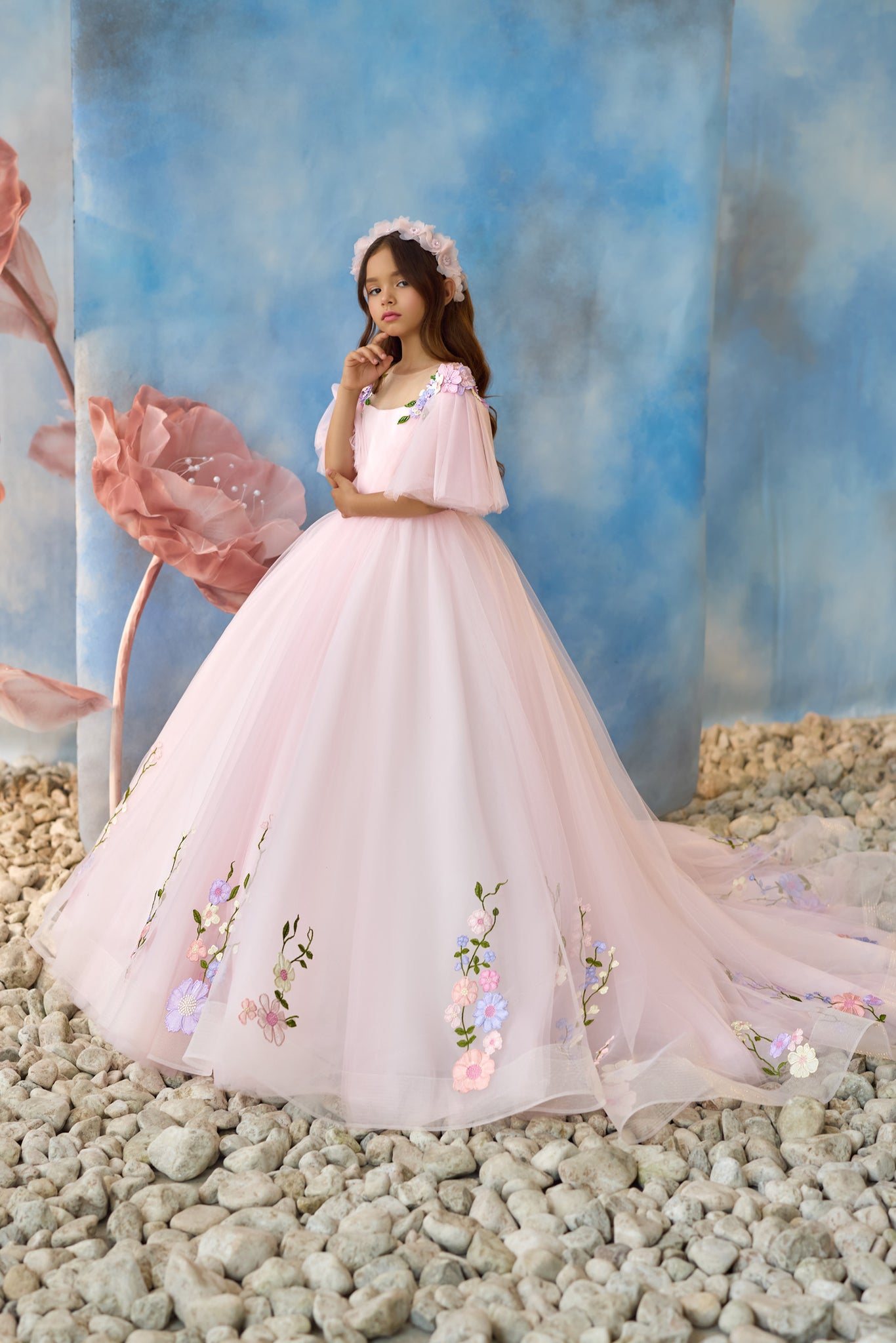 Pentelei 3702 Soft Pink Kids' Gown with Floral Appliqus, Flutter Sleeves, and Bejeweled Waistband | Fairy-Tale Charm | Marelli Exclusive 4 / Purle Pentelei 3702 Soft Pink Kids' Gown with Floral Appliqus, Flutter Sleeves, and Bejeweled Waistband | Fairy-Tale Charm | Marelli Exclusive 4 / Purle