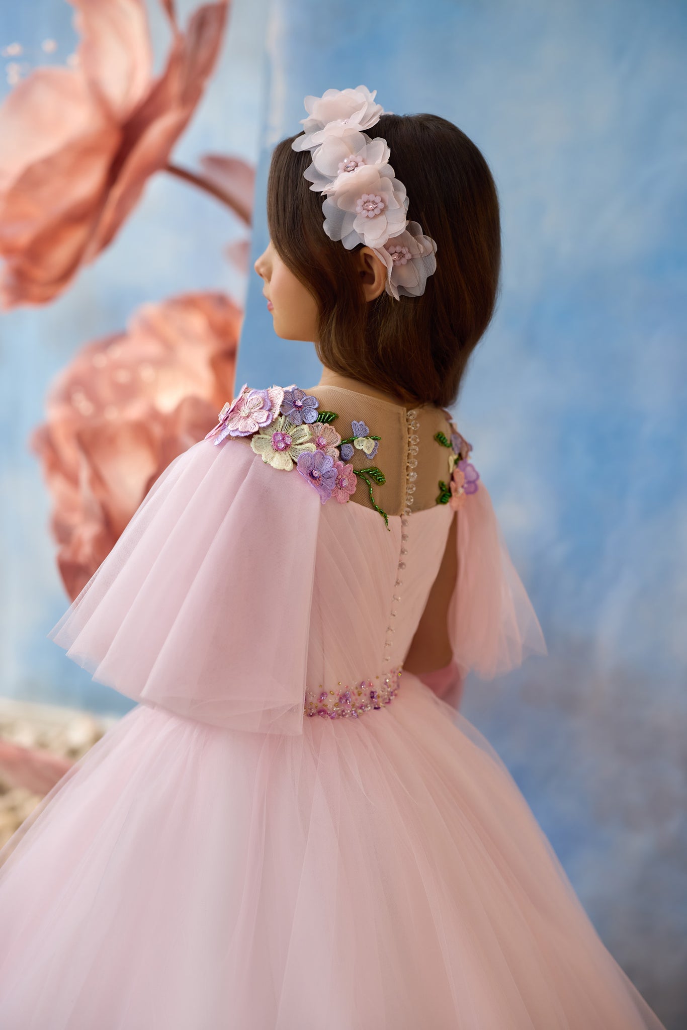 Pentelei 3702 Soft Pink Kids' Gown with Floral Appliqus, Flutter Sleeves, and Bejeweled Waistband | Fairy-Tale Charm | Marelli Exclusive 4 / Purle Pentelei 3702 Soft Pink Kids' Gown with Floral Appliqus, Flutter Sleeves, and Bejeweled Waistband | Fairy-Tale Charm | Marelli Exclusive 4 / Purle