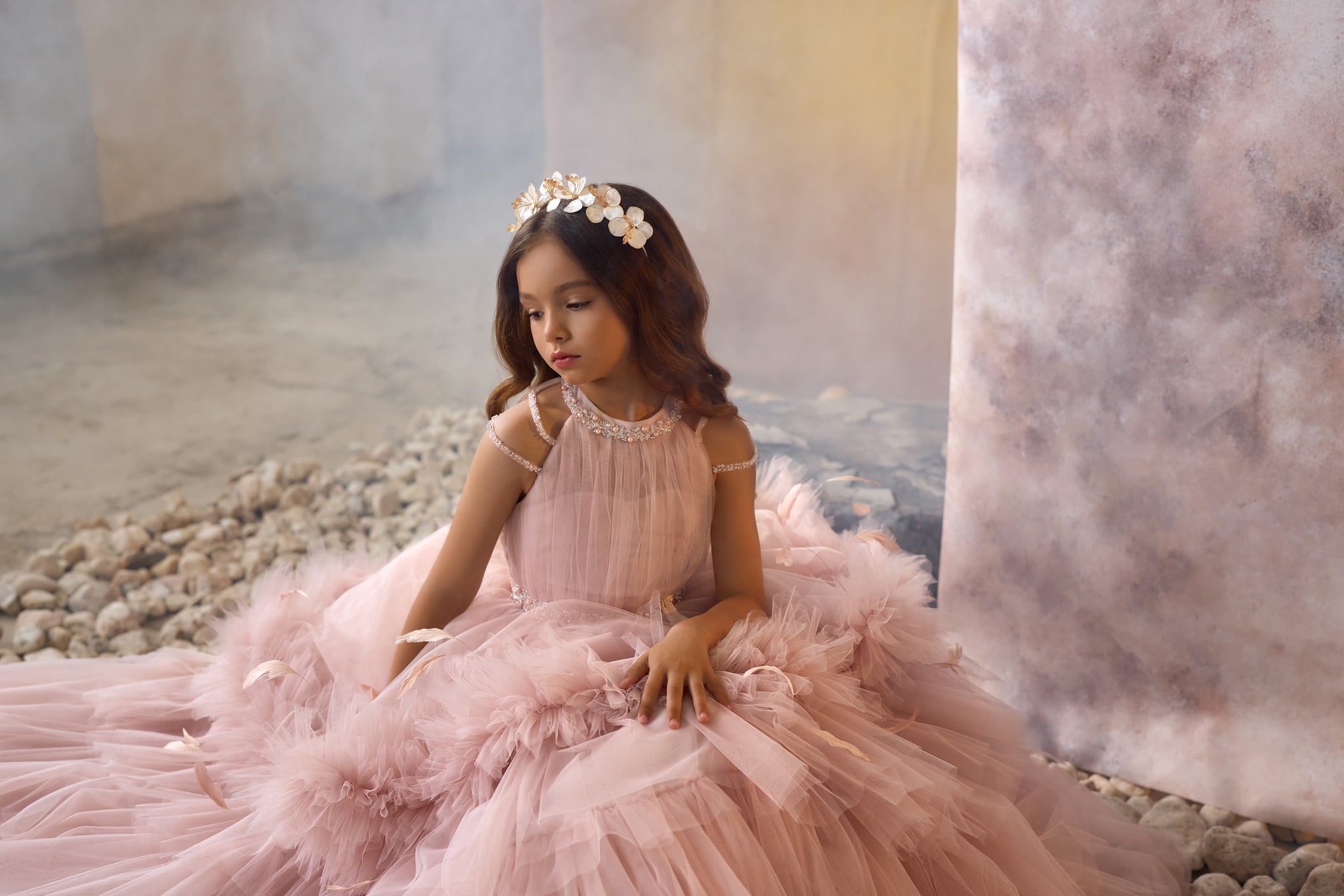 Pentelei 3710 gown with halter bodice, pearl embellishments, and feather-adorned skirt  | Girls Formal Dress
