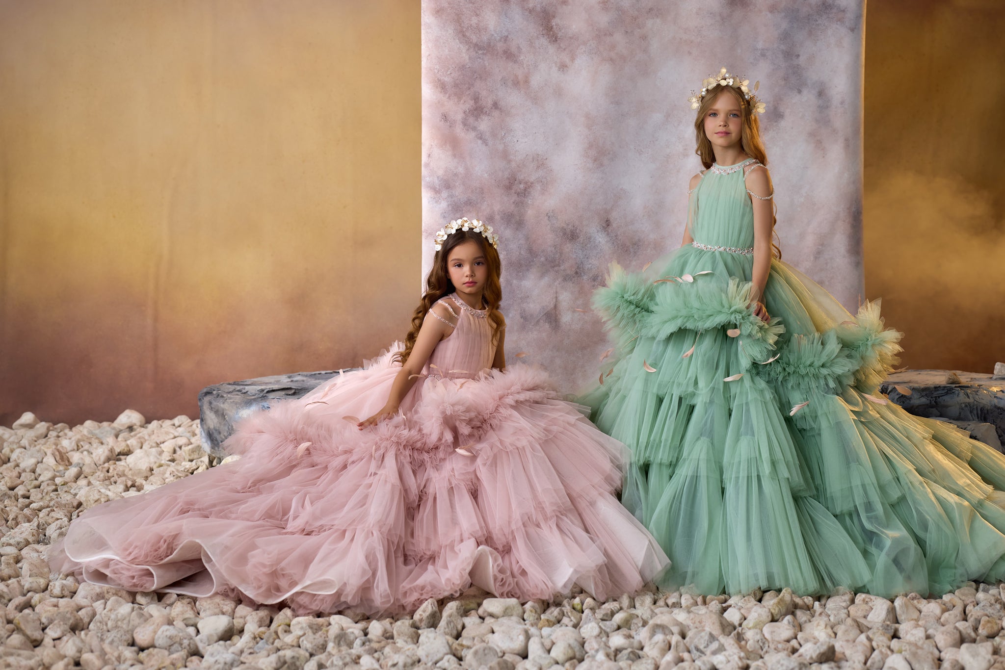 Pentelei 3710 gown with halter bodice, pearl embellishments, and feather-adorned skirt  | Girls Formal Dress