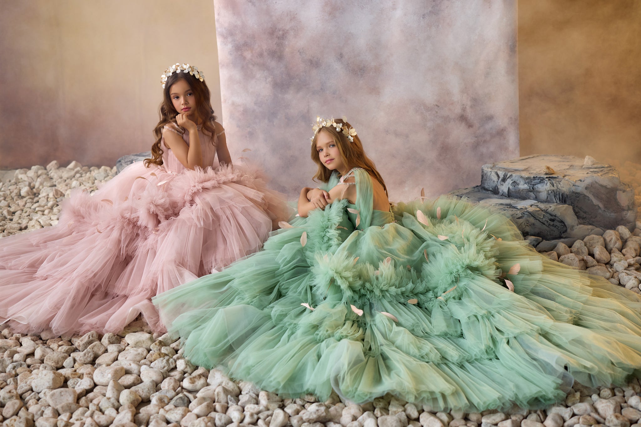 Pentelei 3710 gown with halter bodice, pearl embellishments, and feather-adorned skirt  | Girls Formal Dress