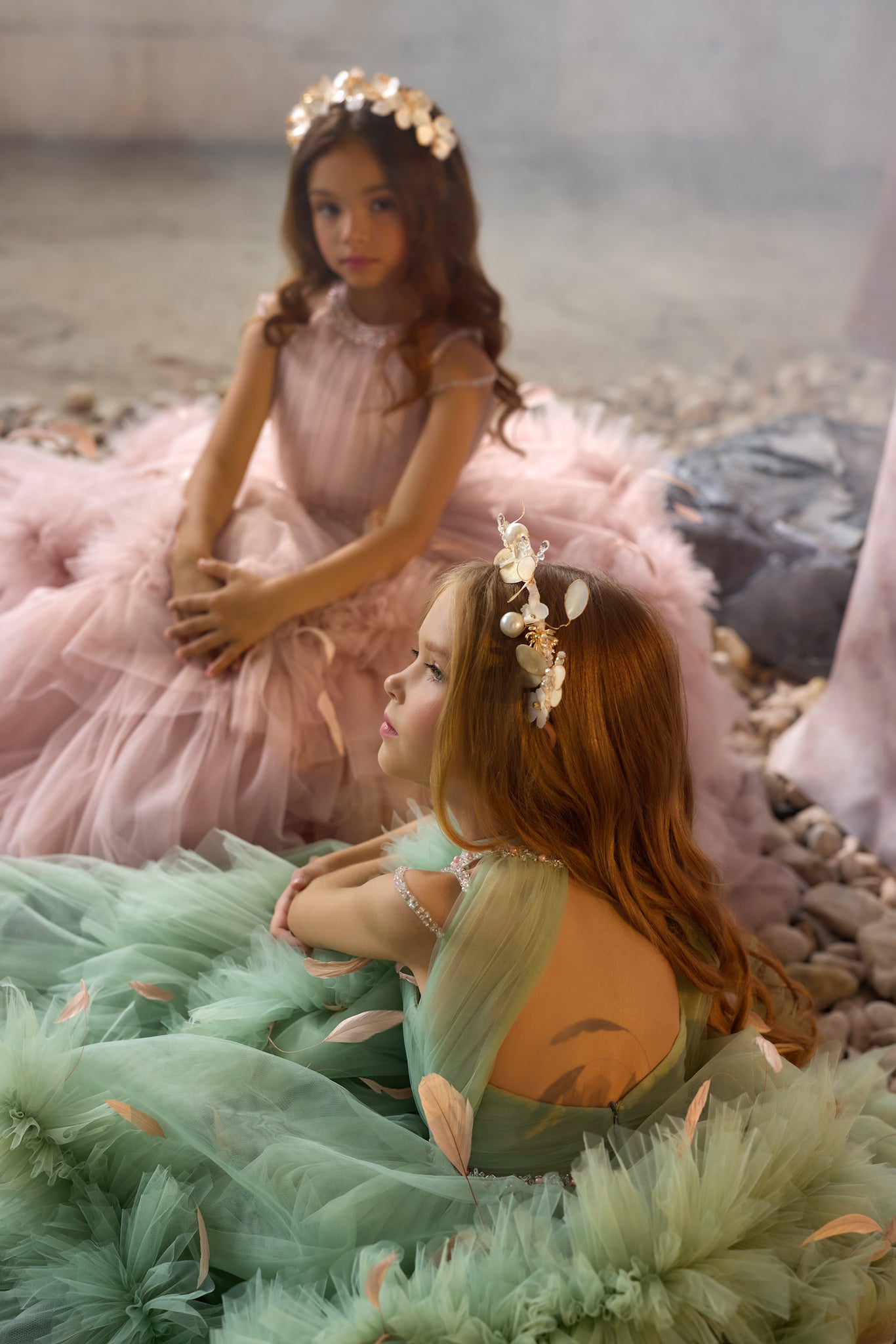Pentelei 3710 gown with halter bodice, pearl embellishments, and feather-adorned skirt  | Girls Formal Dress