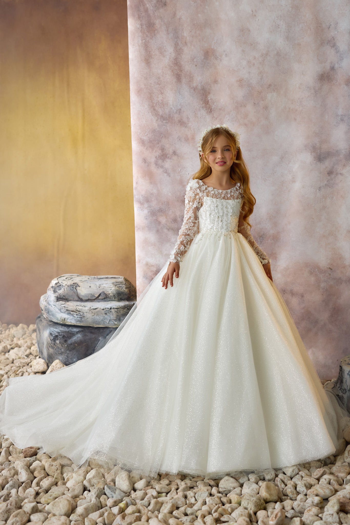 Pentelei 3719 gown with intricate lace sleeves, floral appliques, and golden shimmer skirt  | Girls Formal Dress