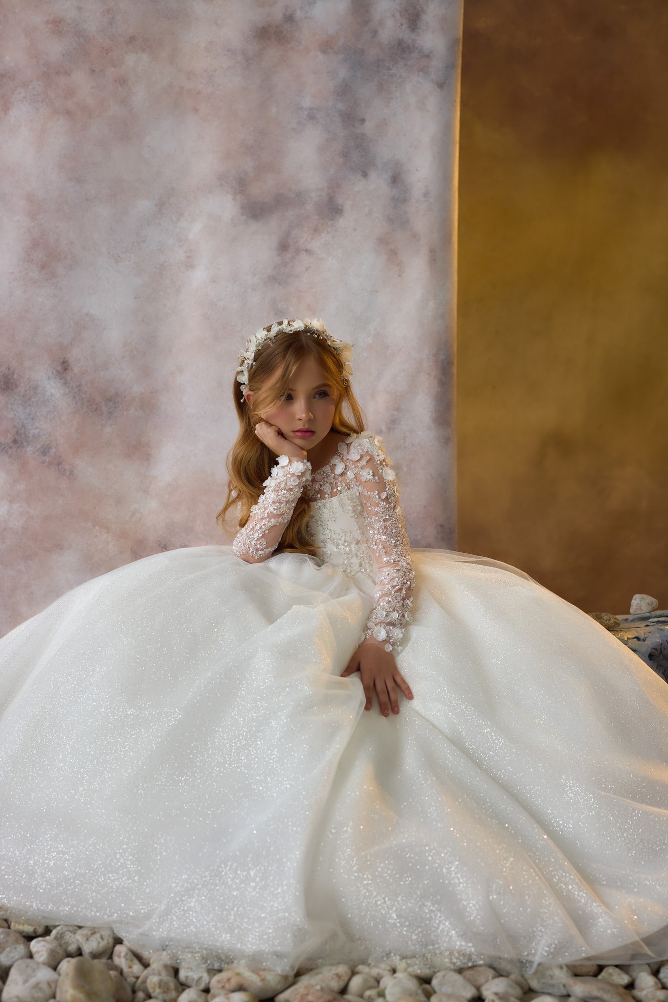 Pentelei 3719 gown with intricate lace sleeves, floral appliques, and golden shimmer skirt  | Girls Formal Dress