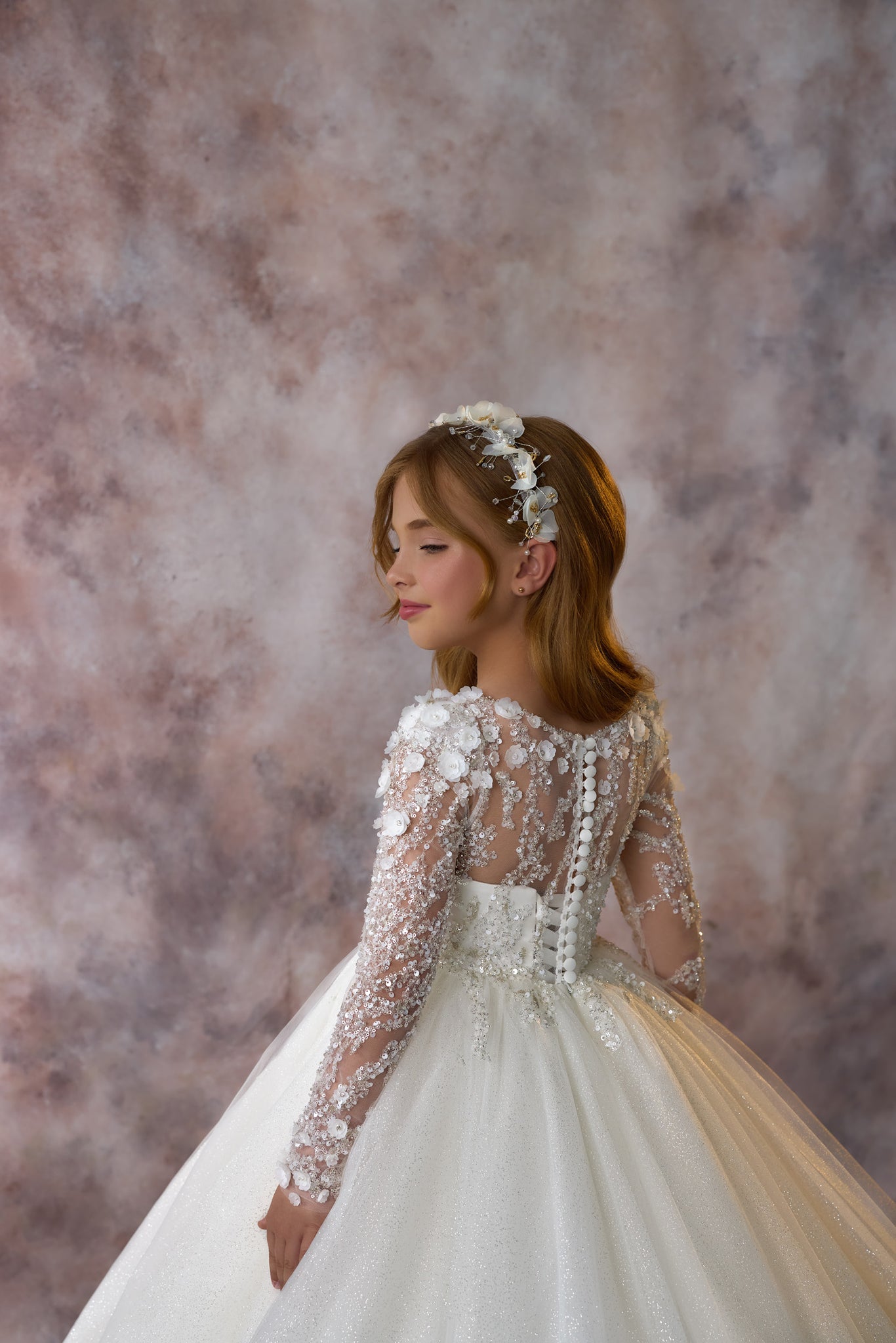 Pentelei 3719 gown with intricate lace sleeves, floral appliques, and golden shimmer skirt  | Girls Formal Dress