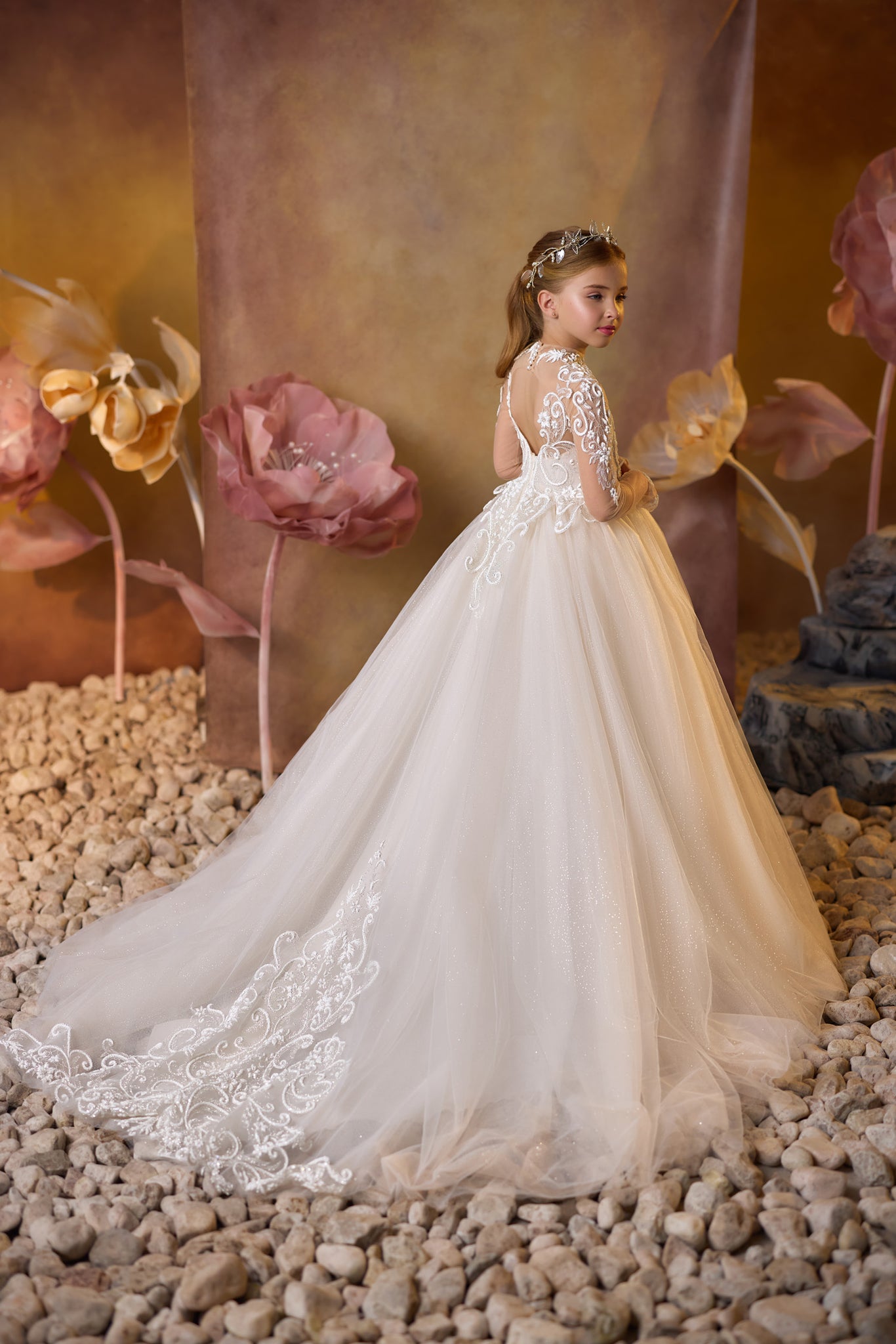 Pentelei 3722 high-neck gown with lace embroidery, sheer sleeves, and keyhole back  | Girls Formal Dress