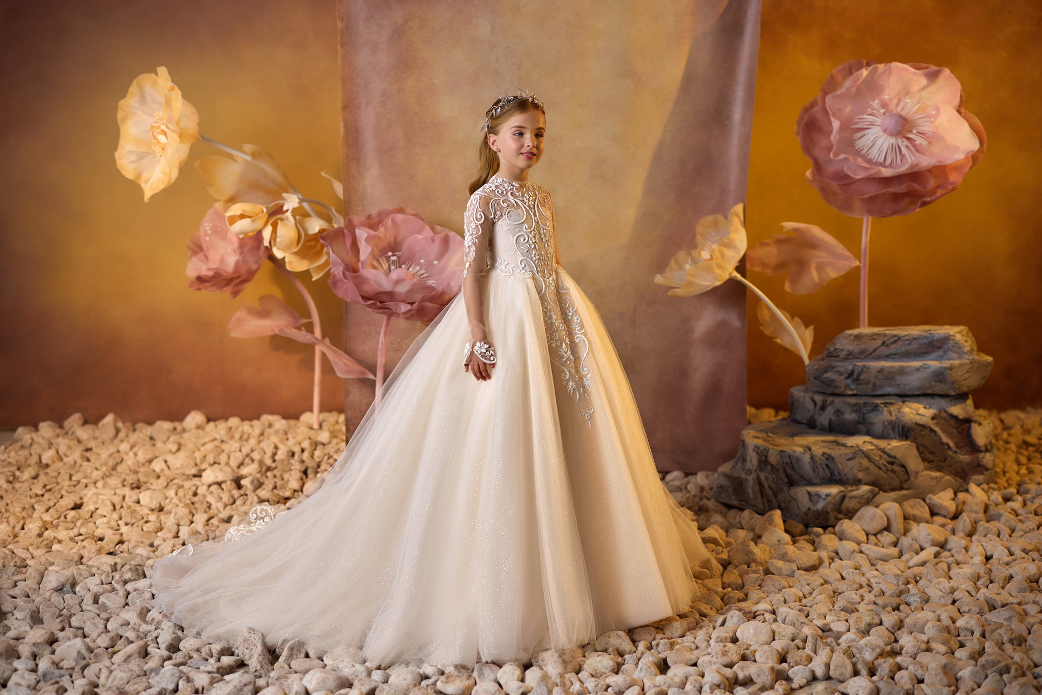 Pentelei 3722 high-neck gown with lace embroidery, sheer sleeves, and keyhole back  | Girls Formal Dress