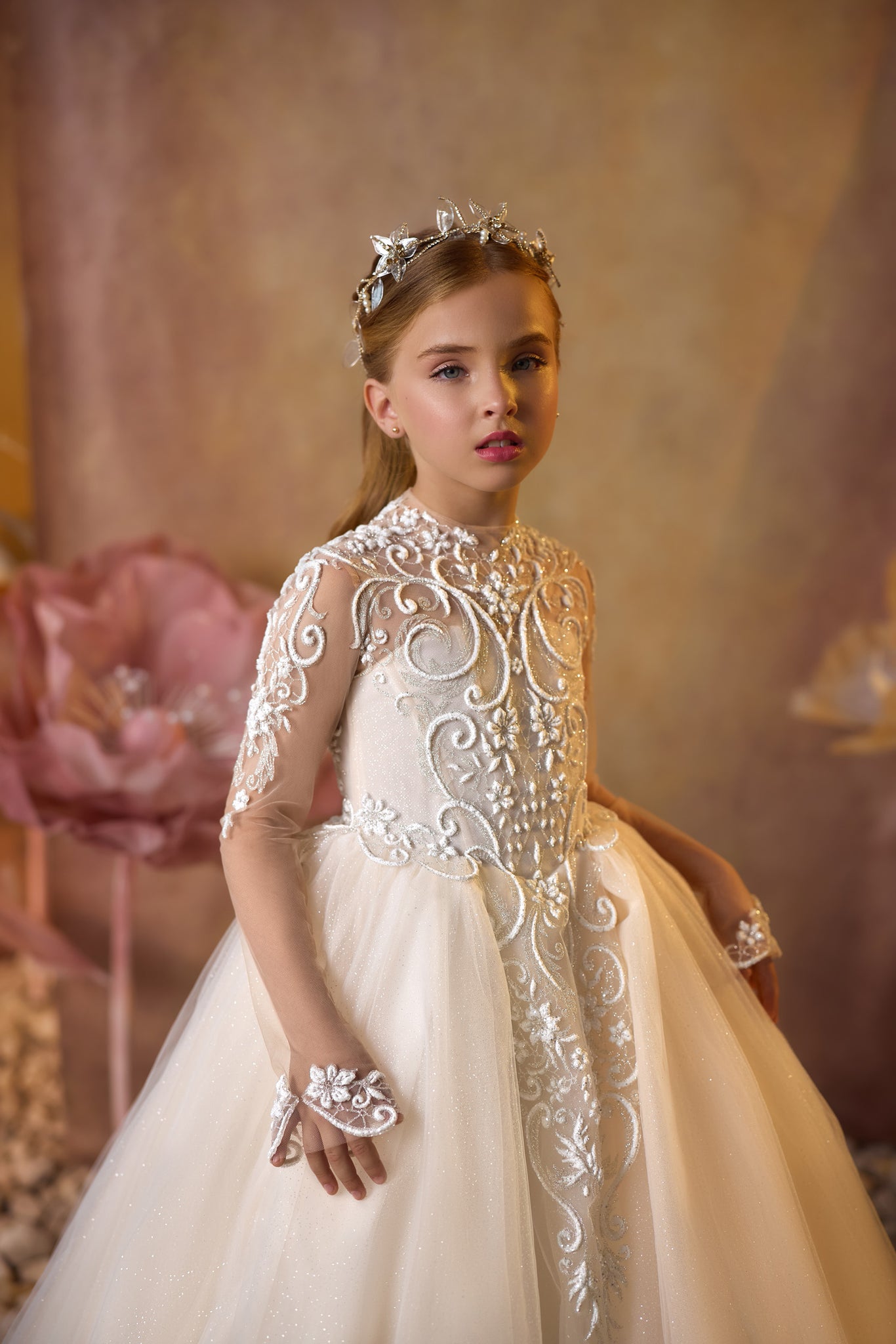 Pentelei 3722 high-neck gown with lace embroidery, sheer sleeves, and keyhole back  | Girls Formal Dress