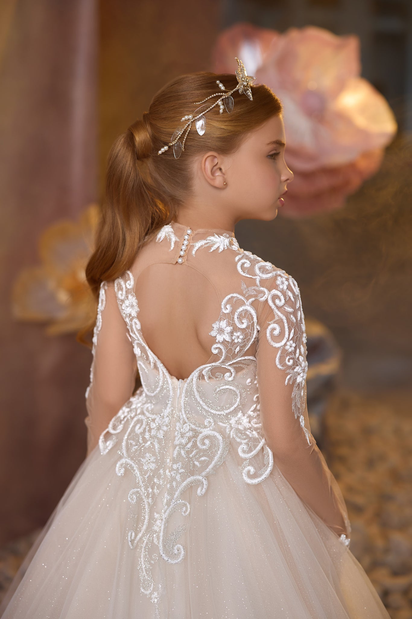 Pentelei 3722 high-neck gown with lace embroidery, sheer sleeves, and keyhole back  | Girls Formal Dress