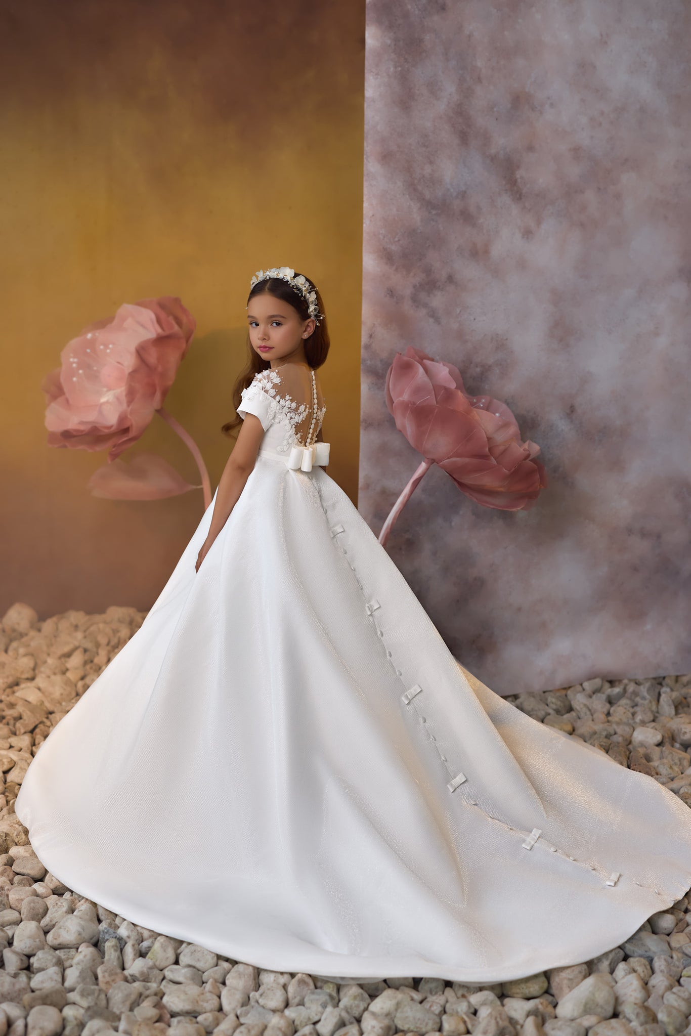 Pentelei 3729 children's gown with floral appliques, sheer illusion neckline, and a-line silhouette  | Girls Formal Dress