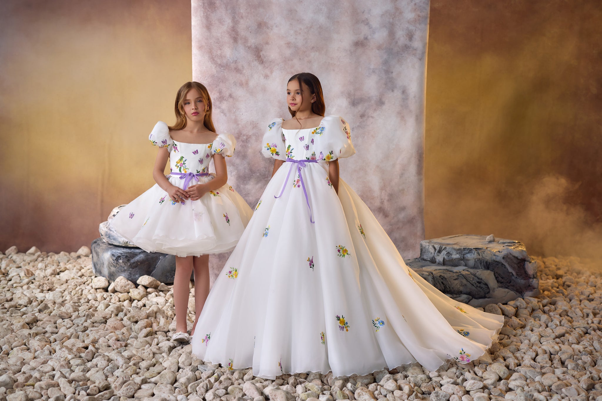 Pentelei 3730 whimsical children's gown with floral embroidery, puff sleeves, and lavender ribbon  | Girls Formal Dress