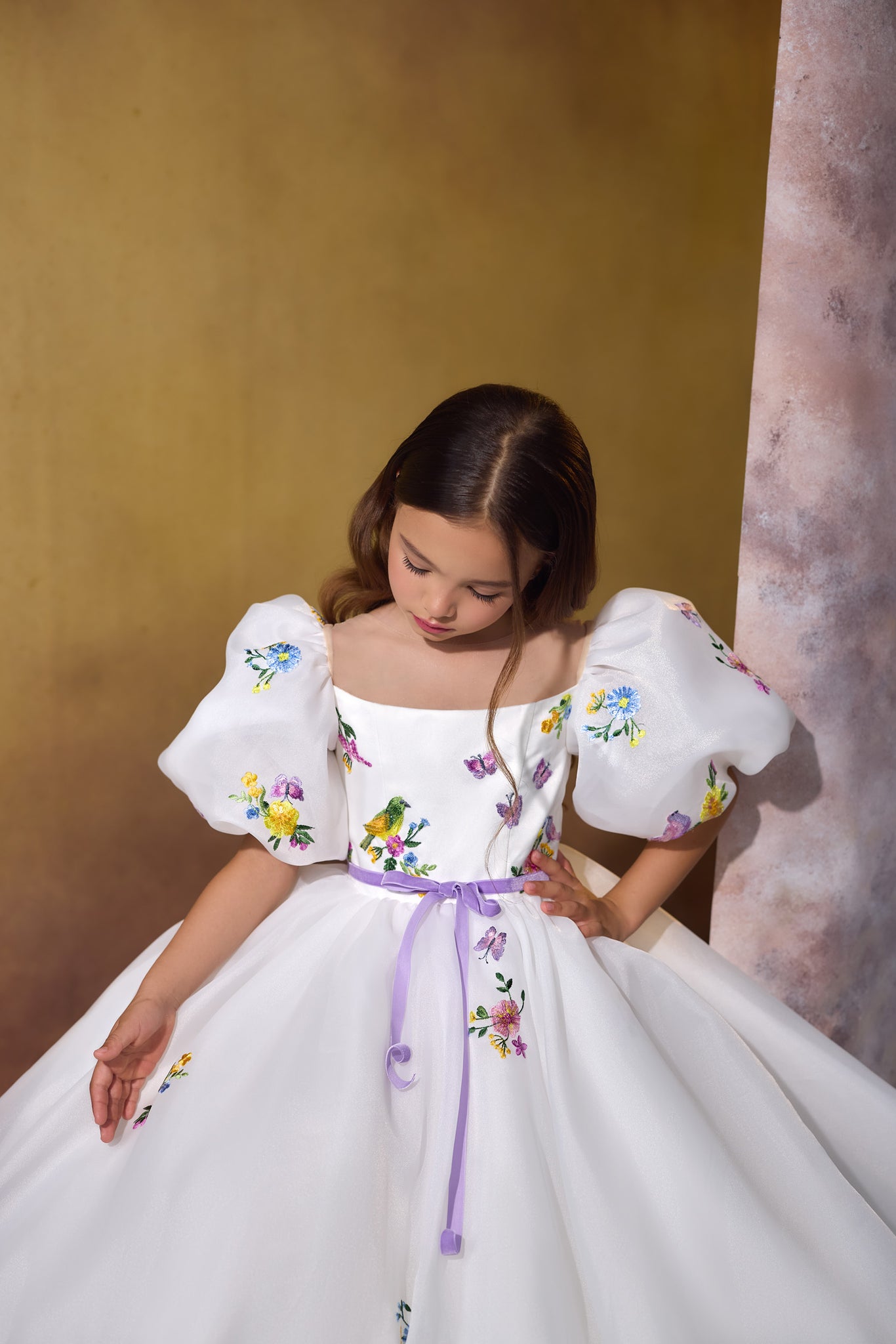Pentelei 3730 whimsical children's gown with floral embroidery, puff sleeves, and lavender ribbon  | Girls Formal Dress