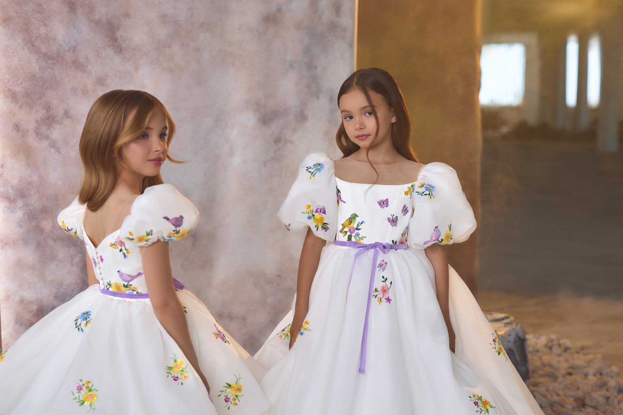 Pentelei 3730 whimsical children's gown with floral embroidery, puff sleeves, and lavender ribbon  | Girls Formal Dress