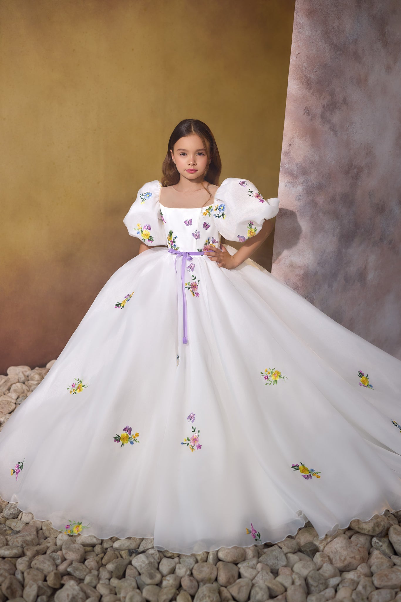 Pentelei 3730 whimsical children's gown with floral embroidery, puff sleeves, and lavender ribbon  | Girls Formal Dress