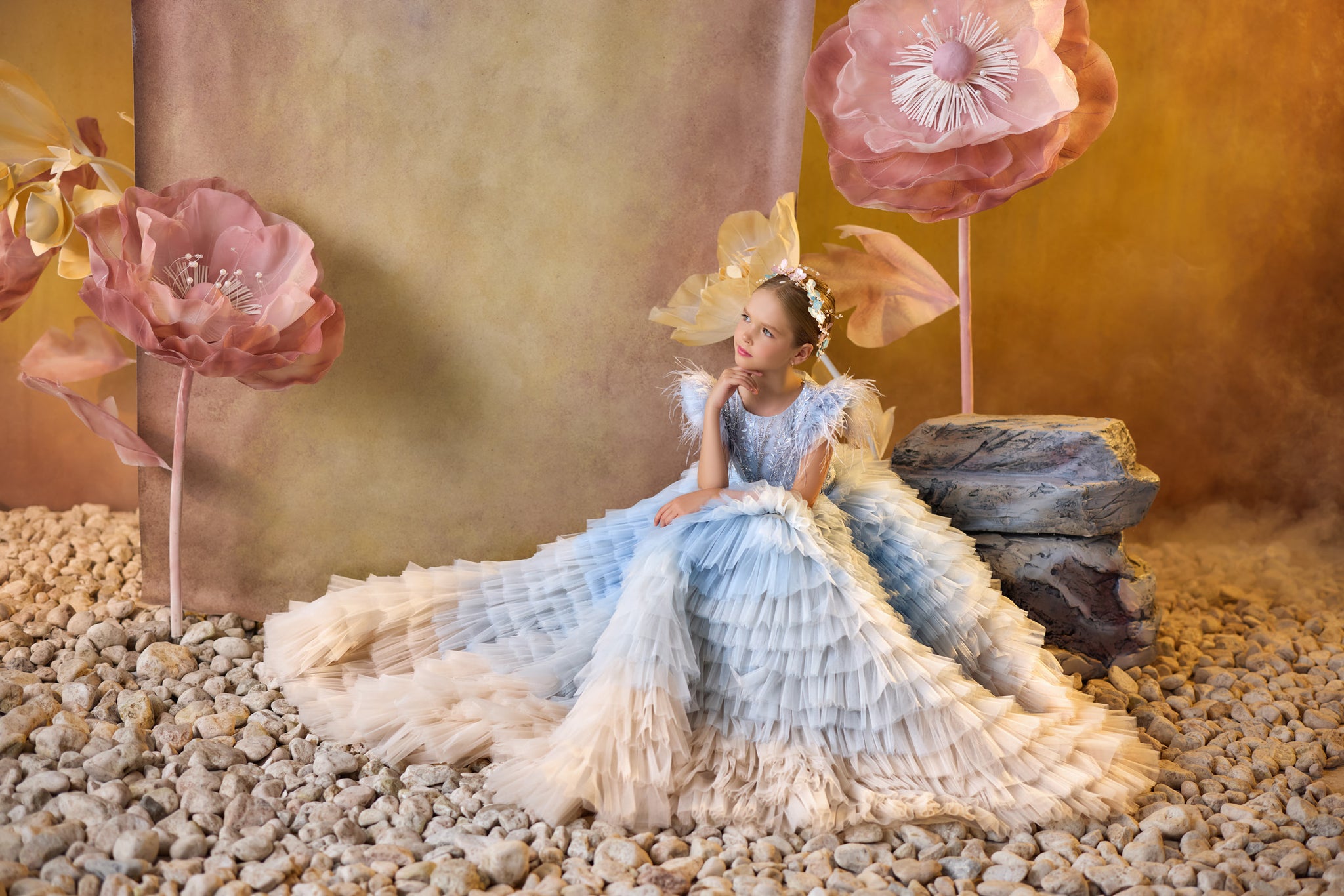 Pentelei 3734 dress with feathered shoulders, beaded bodice, and layered ombre skirt  | Girls Formal Dress