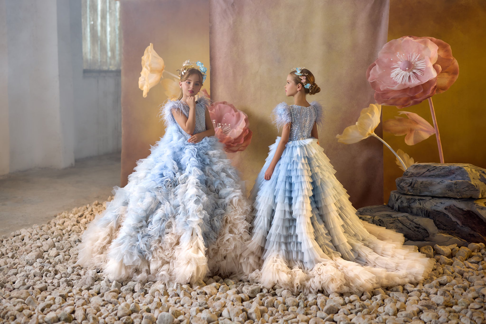 Pentelei 3734 dress with feathered shoulders, beaded bodice, and layered ombre skirt  | Girls Formal Dress