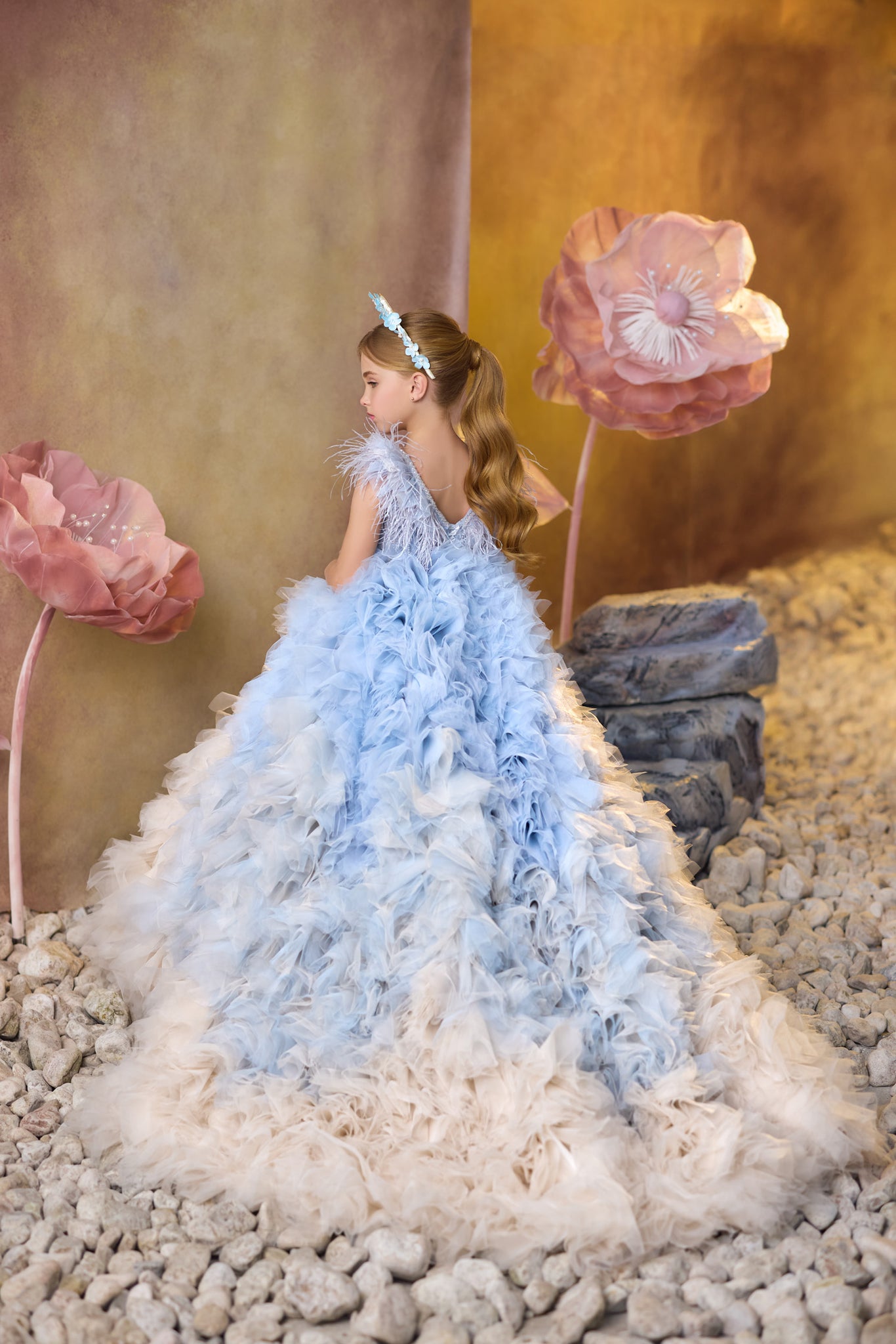 Pentelei 3734 dress with feathered shoulders, beaded bodice, and layered ombre skirt  | Girls Formal Dress
