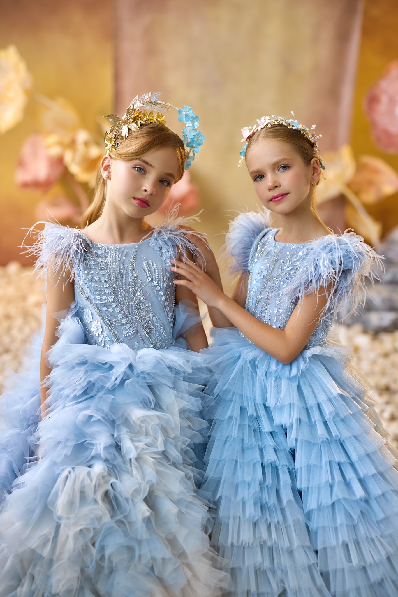 Pentelei 3734 dress with feathered shoulders, beaded bodice, and layered ombre skirt  | Girls Formal Dress