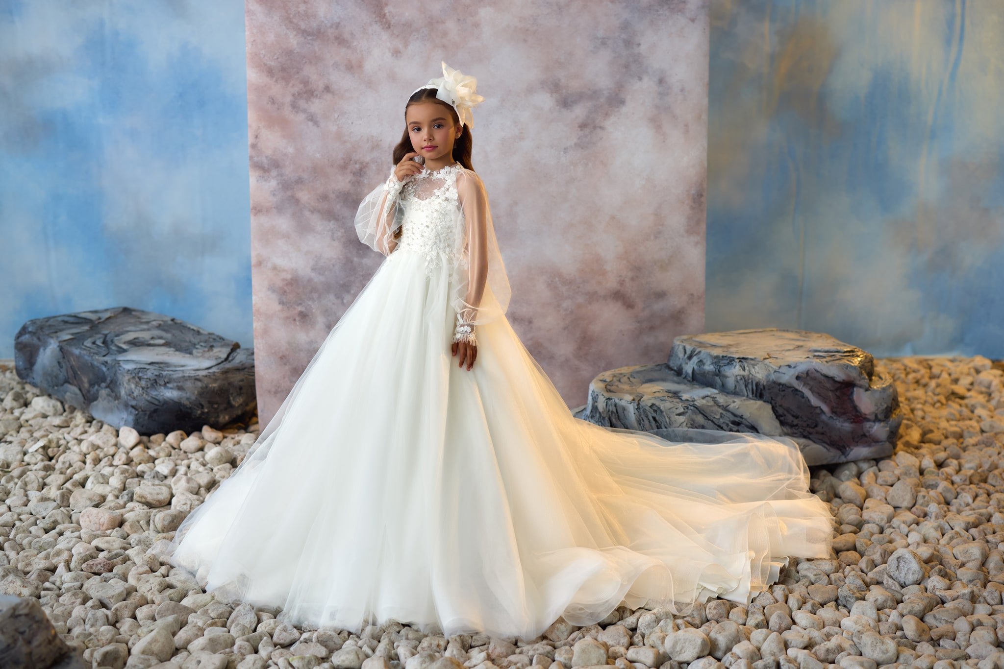 Pentelei 3735 dress with floral lace bodice, sheer sleeves, and tulle skirt with flowing train  | Girls Formal Dress