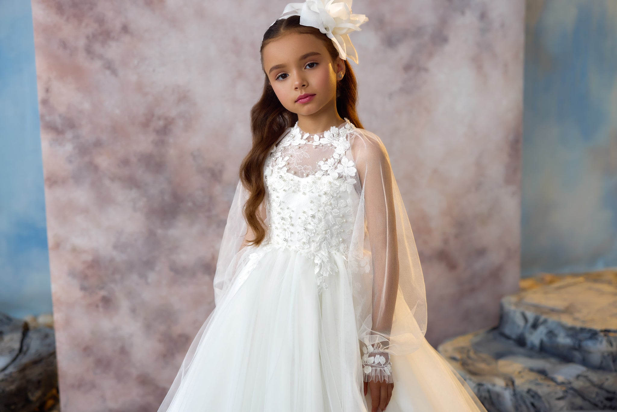Pentelei 3735 dress with floral lace bodice, sheer sleeves, and tulle skirt with flowing train  | Girls Formal Dress
