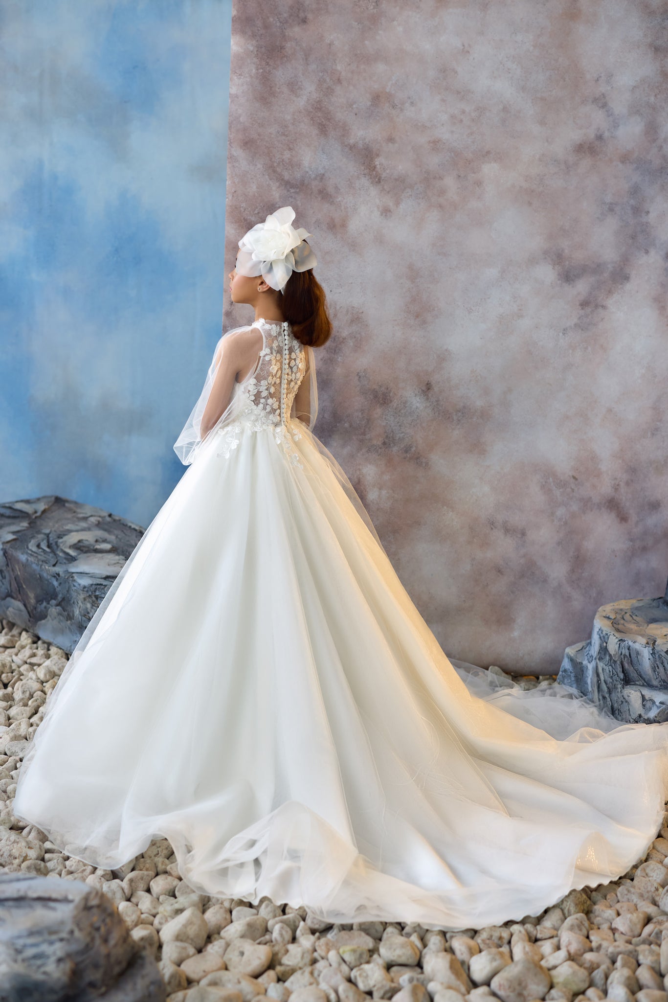 Pentelei 3735 dress with floral lace bodice, sheer sleeves, and tulle skirt with flowing train  | Girls Formal Dress