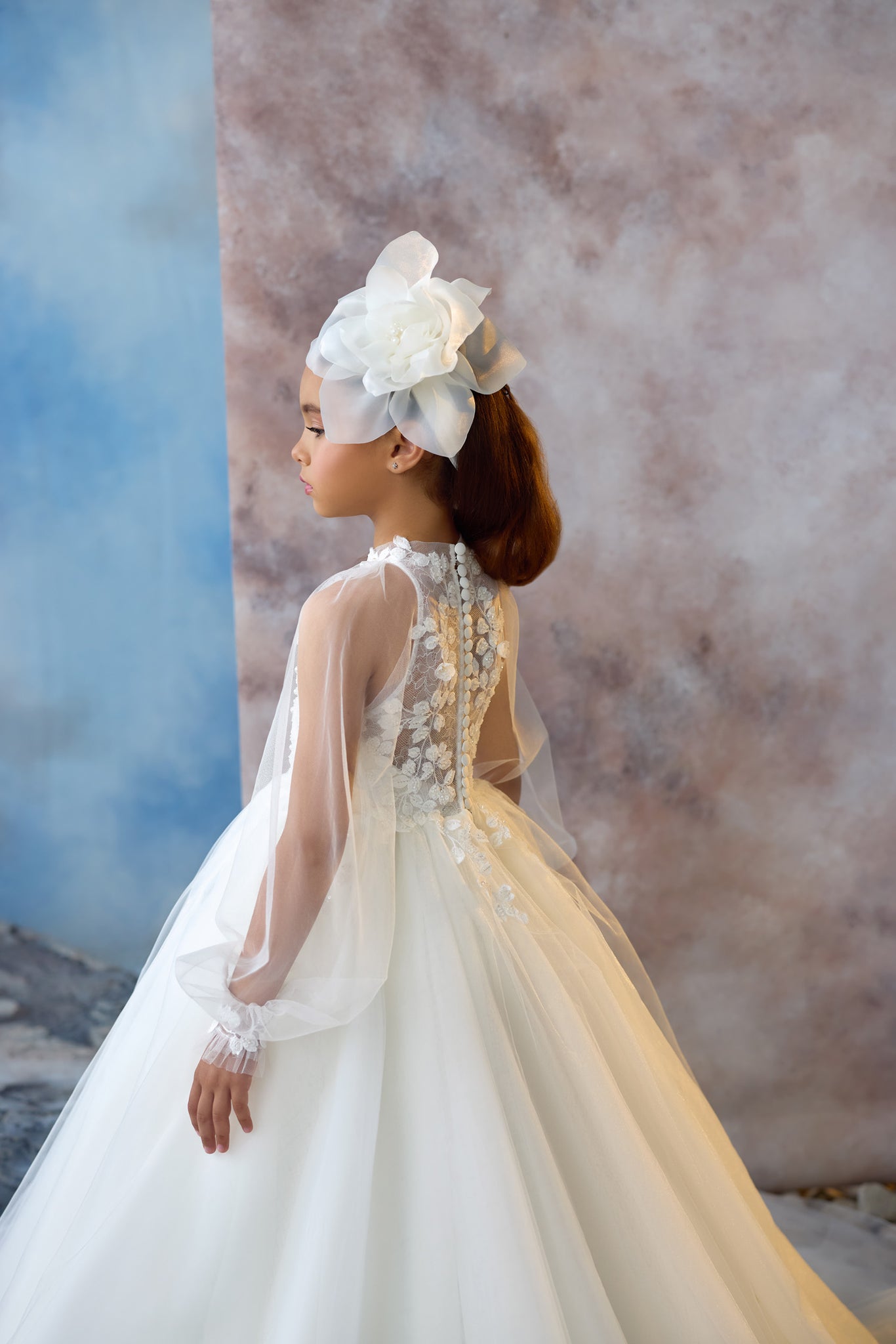 Pentelei 3735 dress with floral lace bodice, sheer sleeves, and tulle skirt with flowing train  | Girls Formal Dress