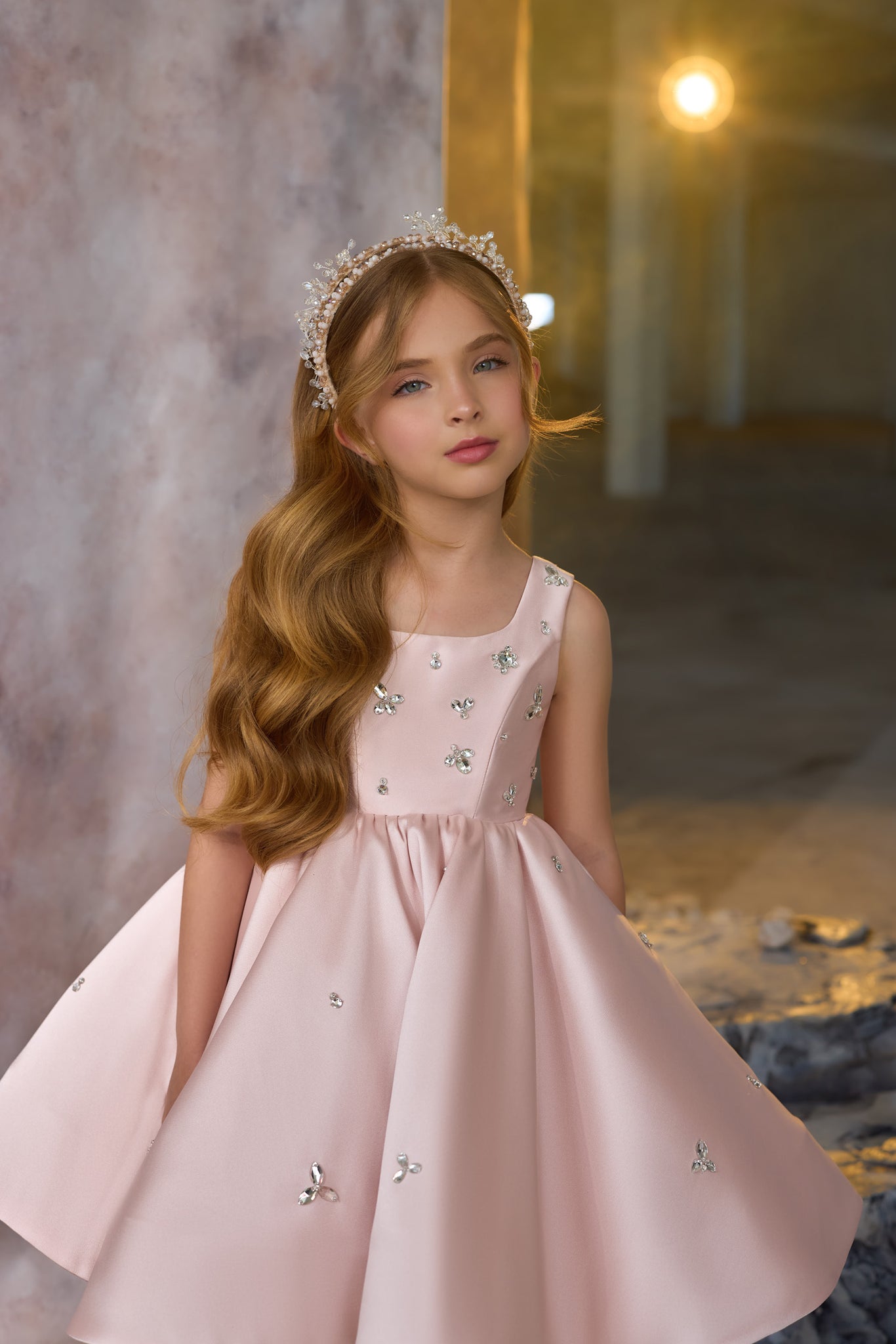 Pentelei 3737 pink mikado dress with sleeveless design, open back, and floral embellishments | Girls Formal Dress