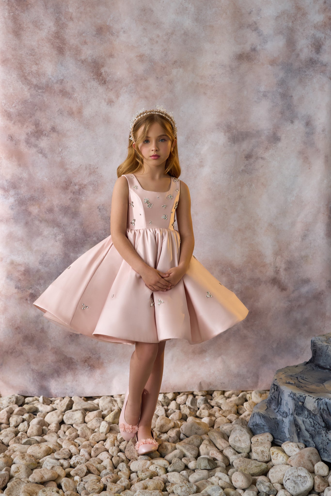 Pentelei 3737 pink mikado dress with sleeveless design, open back, and floral embellishments | Girls Formal Dress