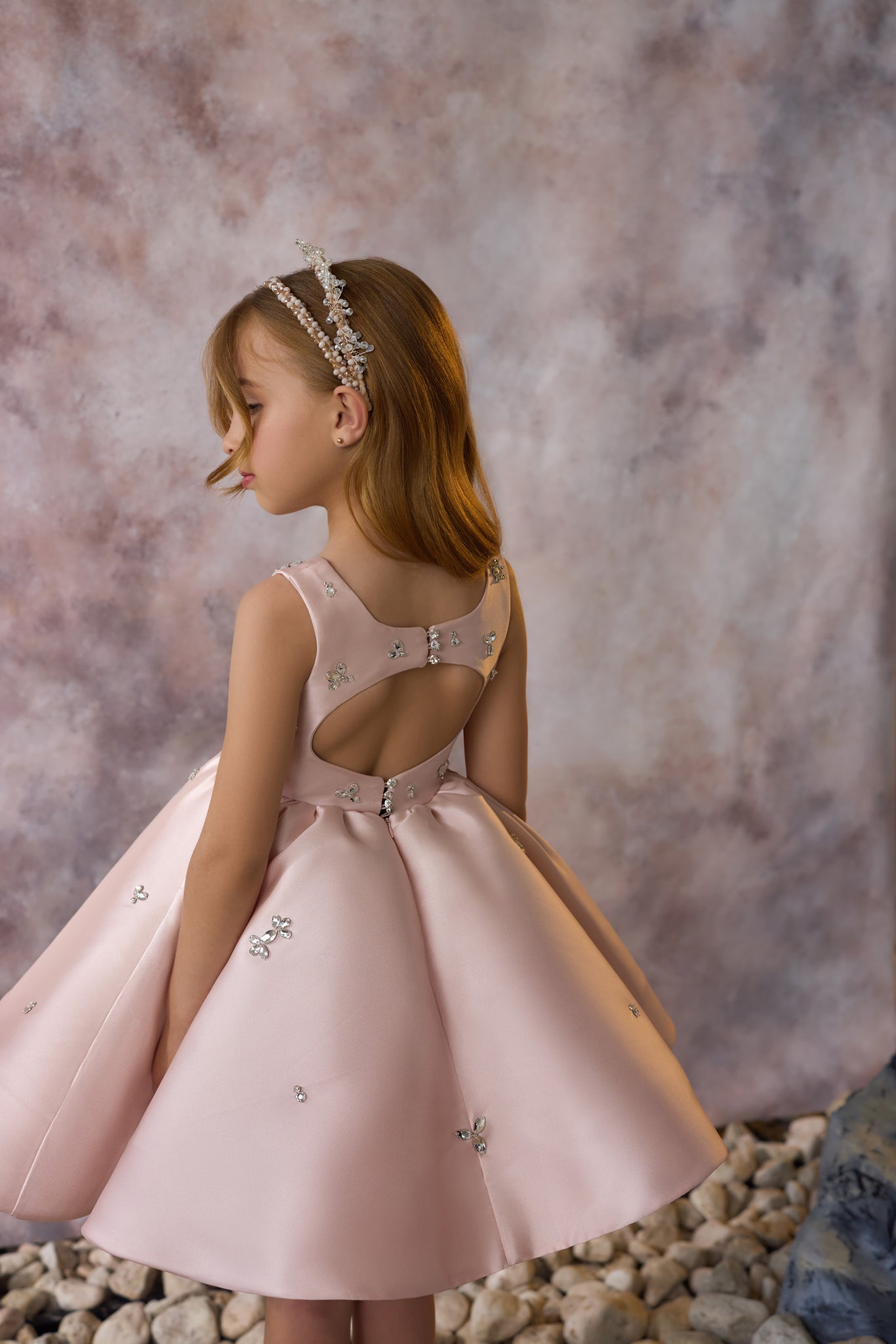 Pentelei 3737 pink mikado dress with sleeveless design, open back, and floral embellishments | Girls Formal Dress