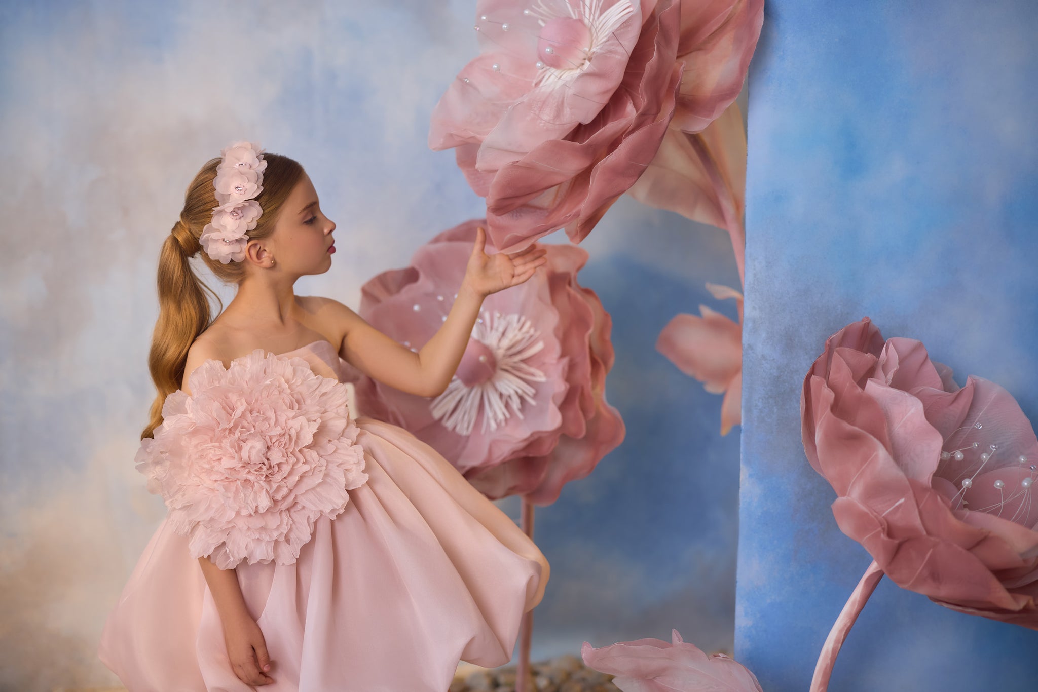 Pentelei 3741 dress with illusion neckline, balloon skirt, and floral applique bodice  | Girls Formal Dress