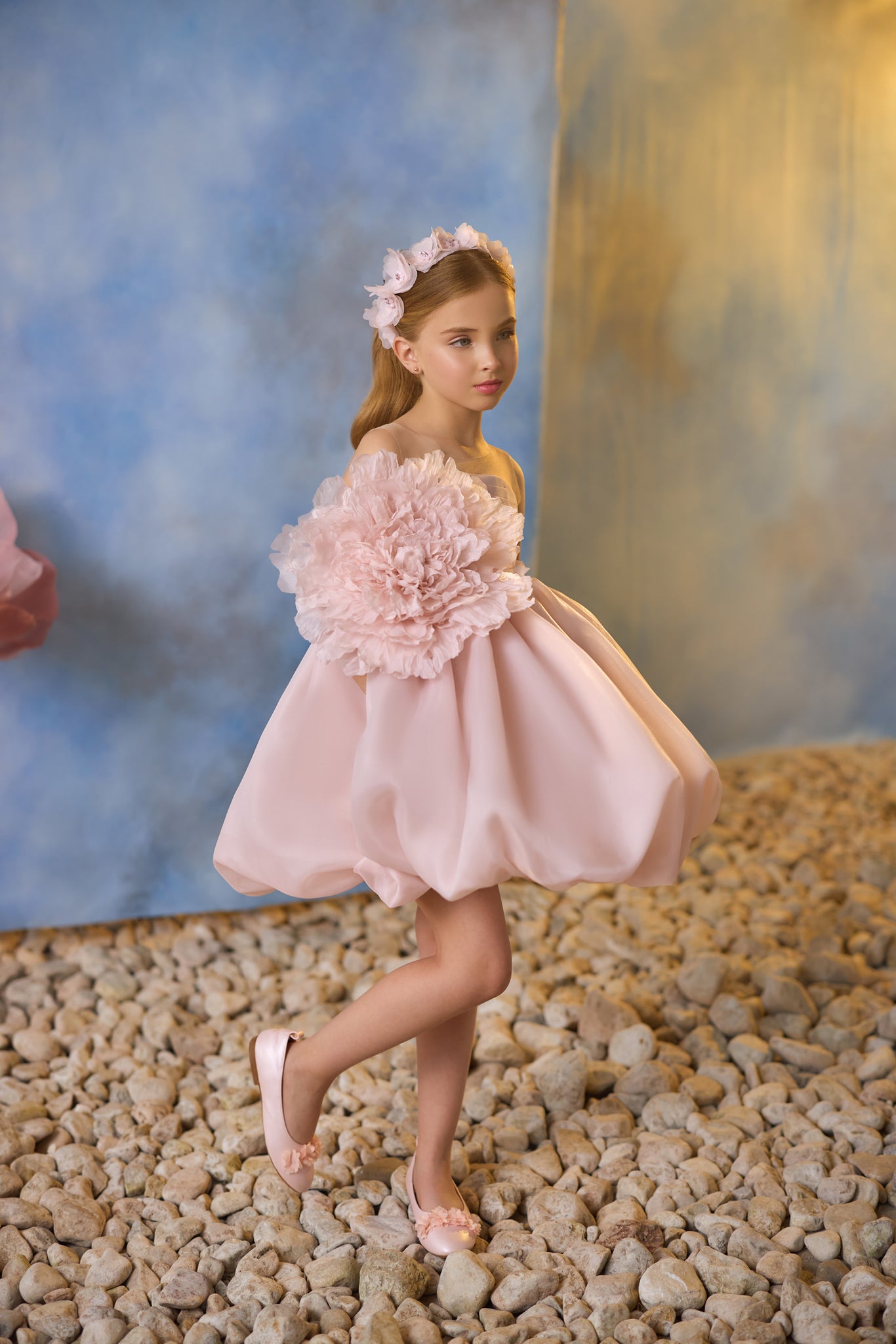 Pentelei 3741 dress with illusion neckline, balloon skirt, and floral applique bodice  | Girls Formal Dress