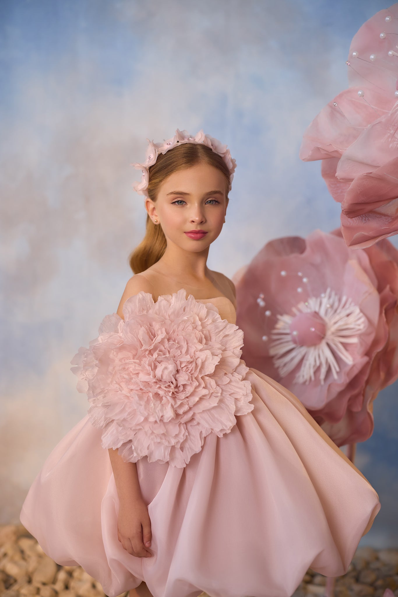 Pentelei 3741 dress with illusion neckline, balloon skirt, and floral applique bodice  | Girls Formal Dress