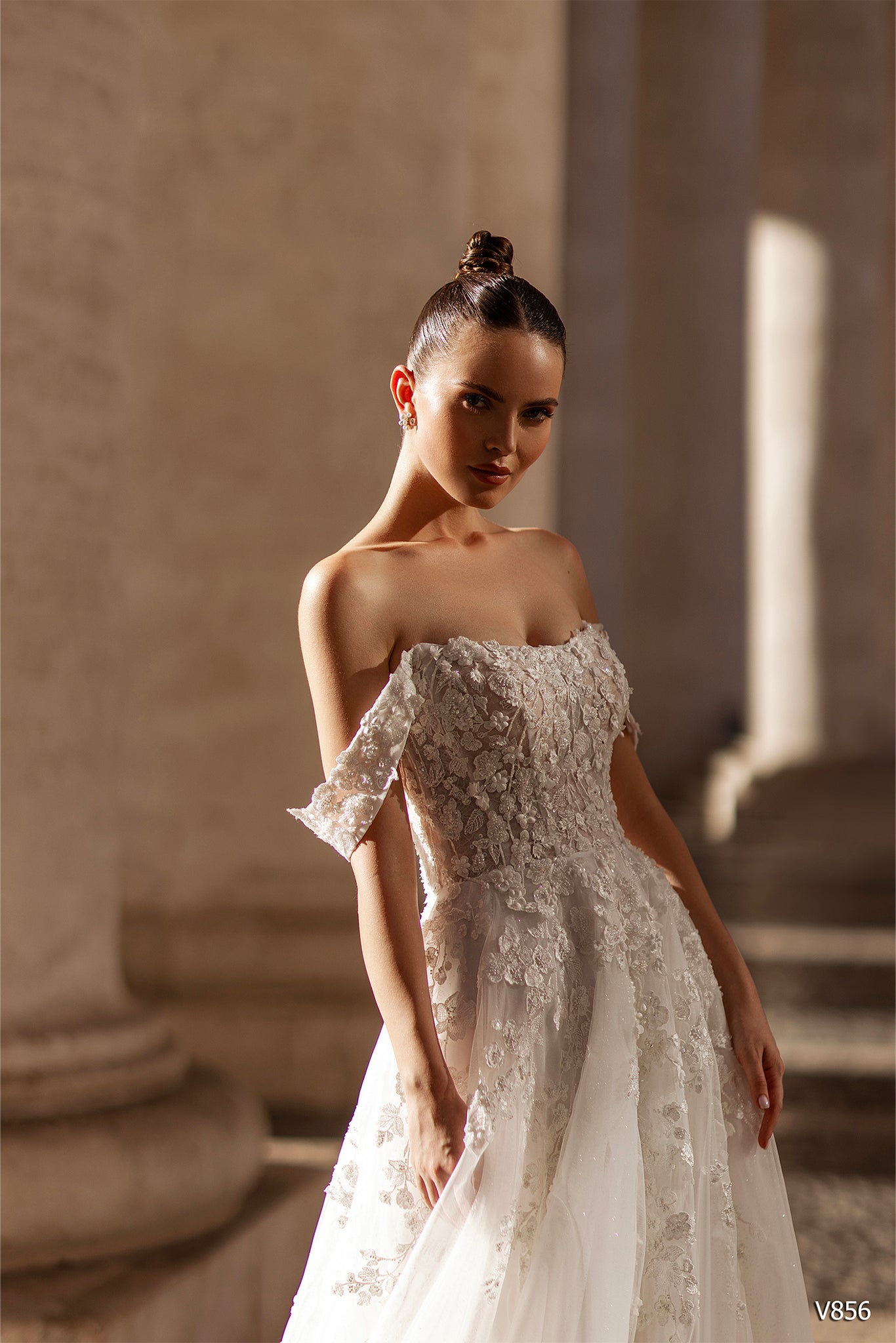 Enchanting Wedding Dress with Embroidered Flowers and Off-the-Shoulder Sleeves| Marelli Exclusive 16 / Solid ivory Enchanting Wedding Dress with Embroidered Flowers and Off-the-Shoulder Sleeves| Marelli Exclusive 16 / Solid ivory