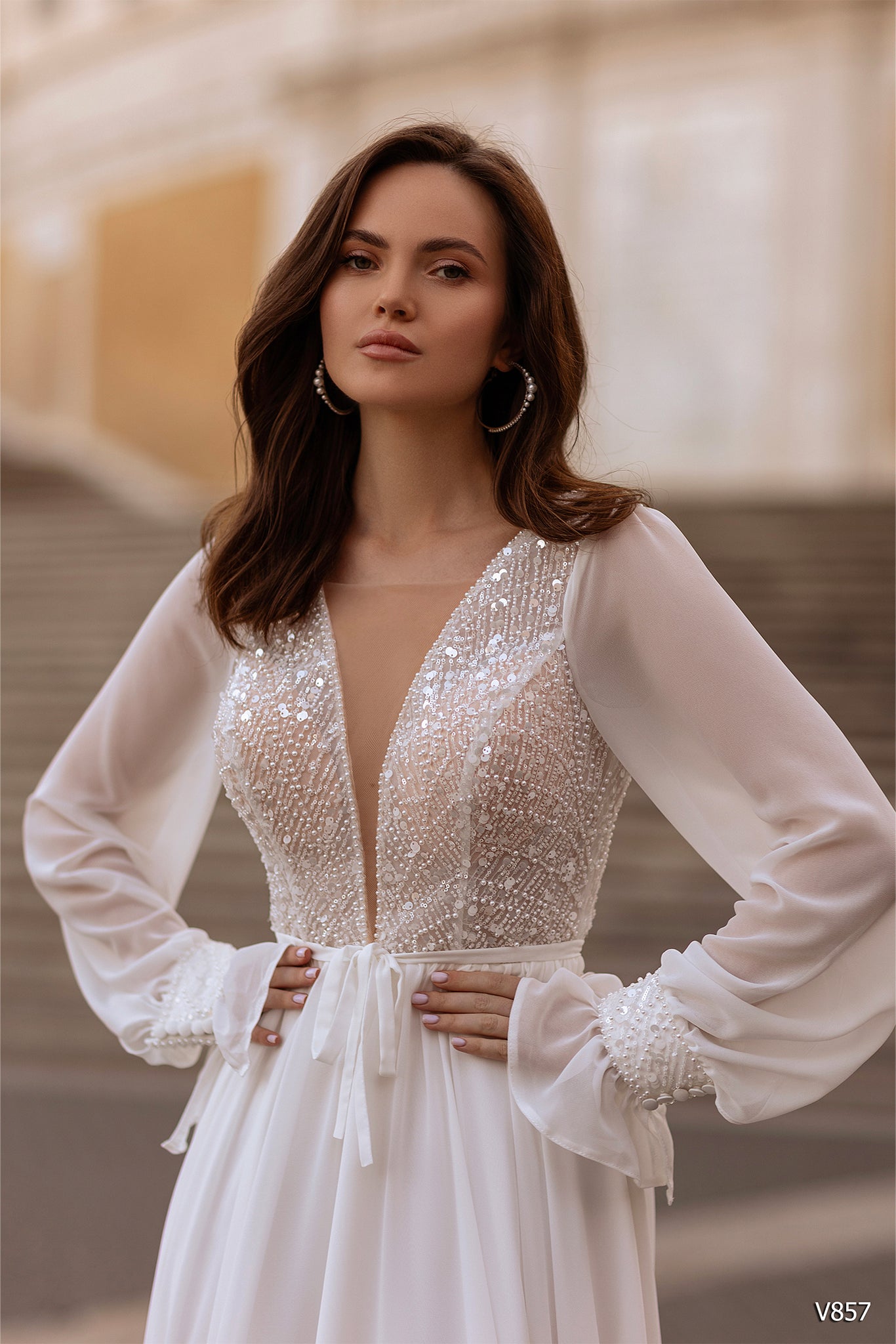 Alluring Wedding Dress with Plunge Neckline and Sheer Long Sleeves| Marelli exclusive 14 / Ivory Alluring Wedding Dress with Plunge Neckline and Sheer Long Sleeves| Marelli exclusive 14 / Ivory