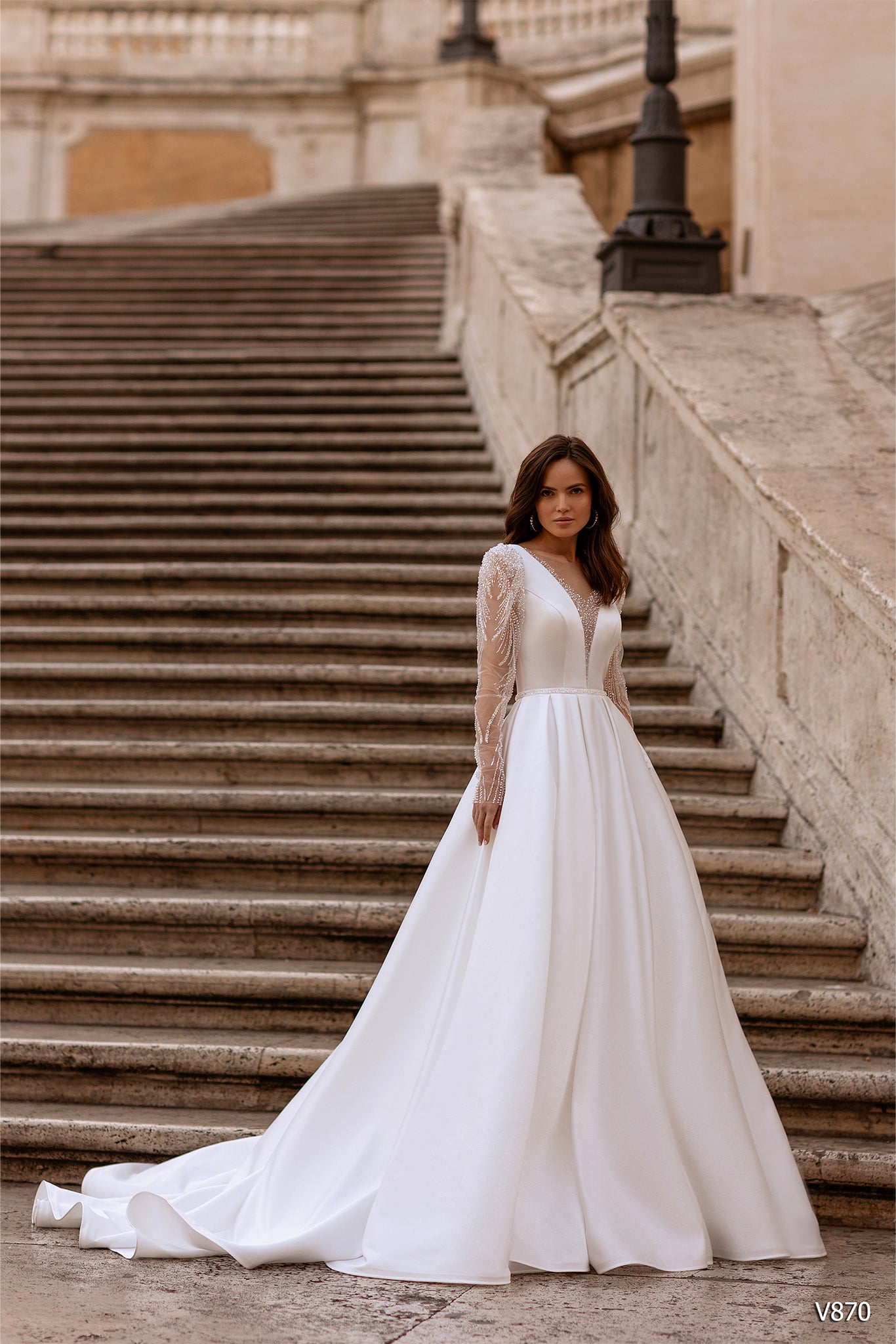 Modest Wedding Dress with Plunge Neck, Pearls, and Sequins on Huffed Long Sleeves| Marelli Exclusive 16 / Ivory Modest Wedding Dress with Plunge Neck, Pearls, and Sequins on Huffed Long Sleeves| Marelli Exclusive 16 / Ivory