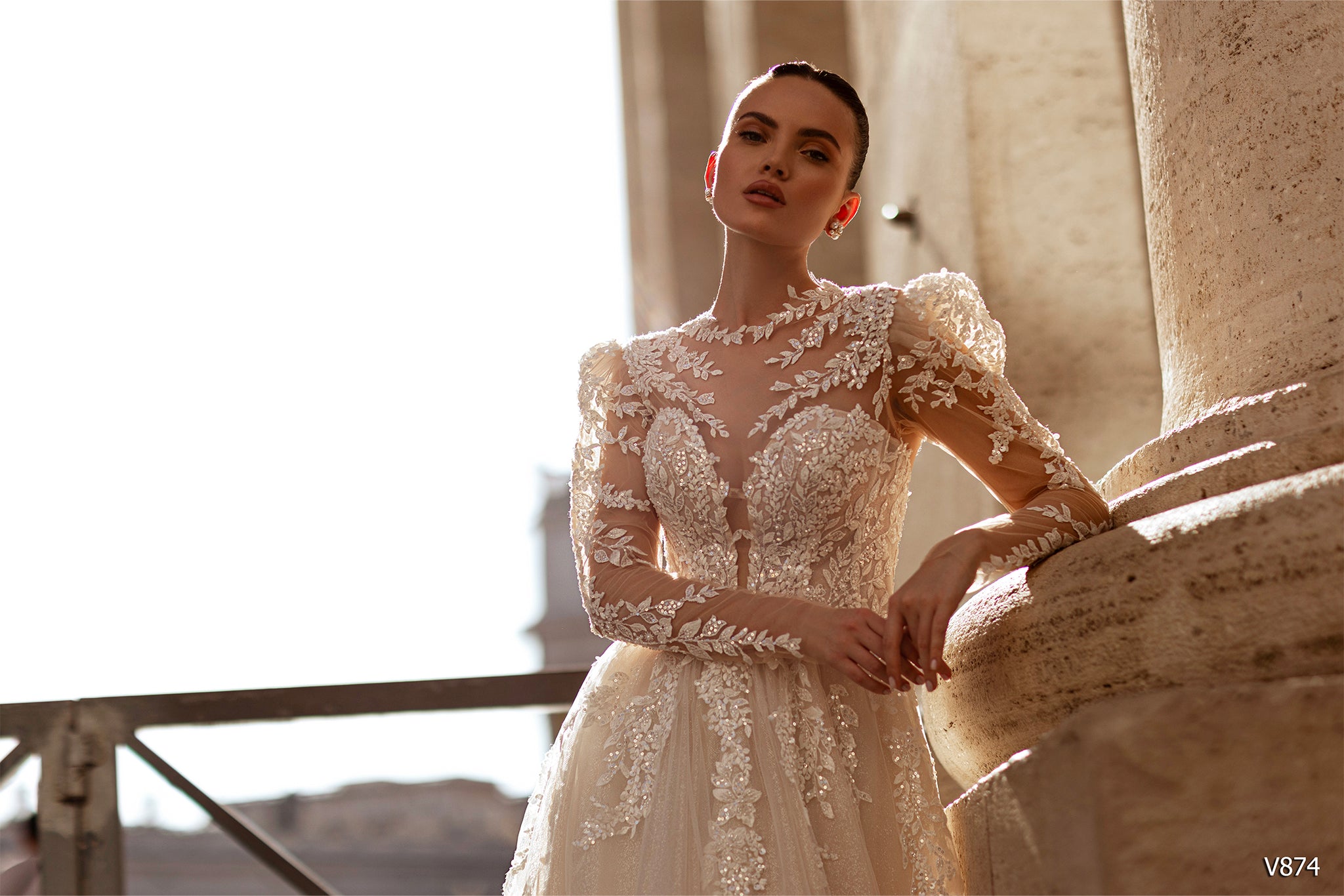 Elegant A-Line Wedding Dress with Floral Leaf Pattern and Puffy Shoulders| Marelli Exclusive 18 / As pictured