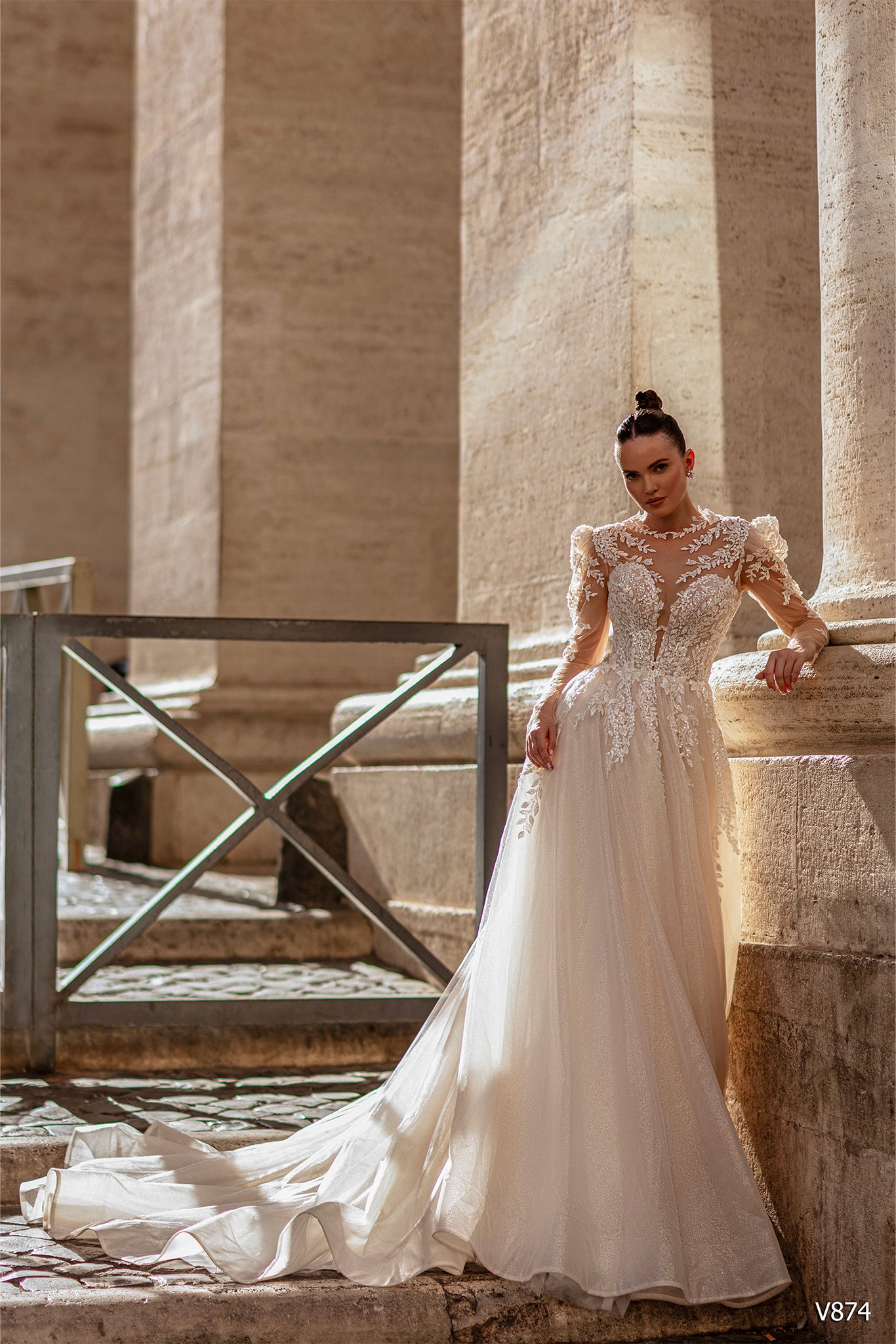 Elegant A-Line Wedding Dress with Floral Leaf Pattern and Puffy Shoulders| Marelli Exclusive 18 / As pictured Elegant A-Line Wedding Dress with Floral Leaf Pattern and Puffy Shoulders| Marelli Exclusive 18 / As pictured