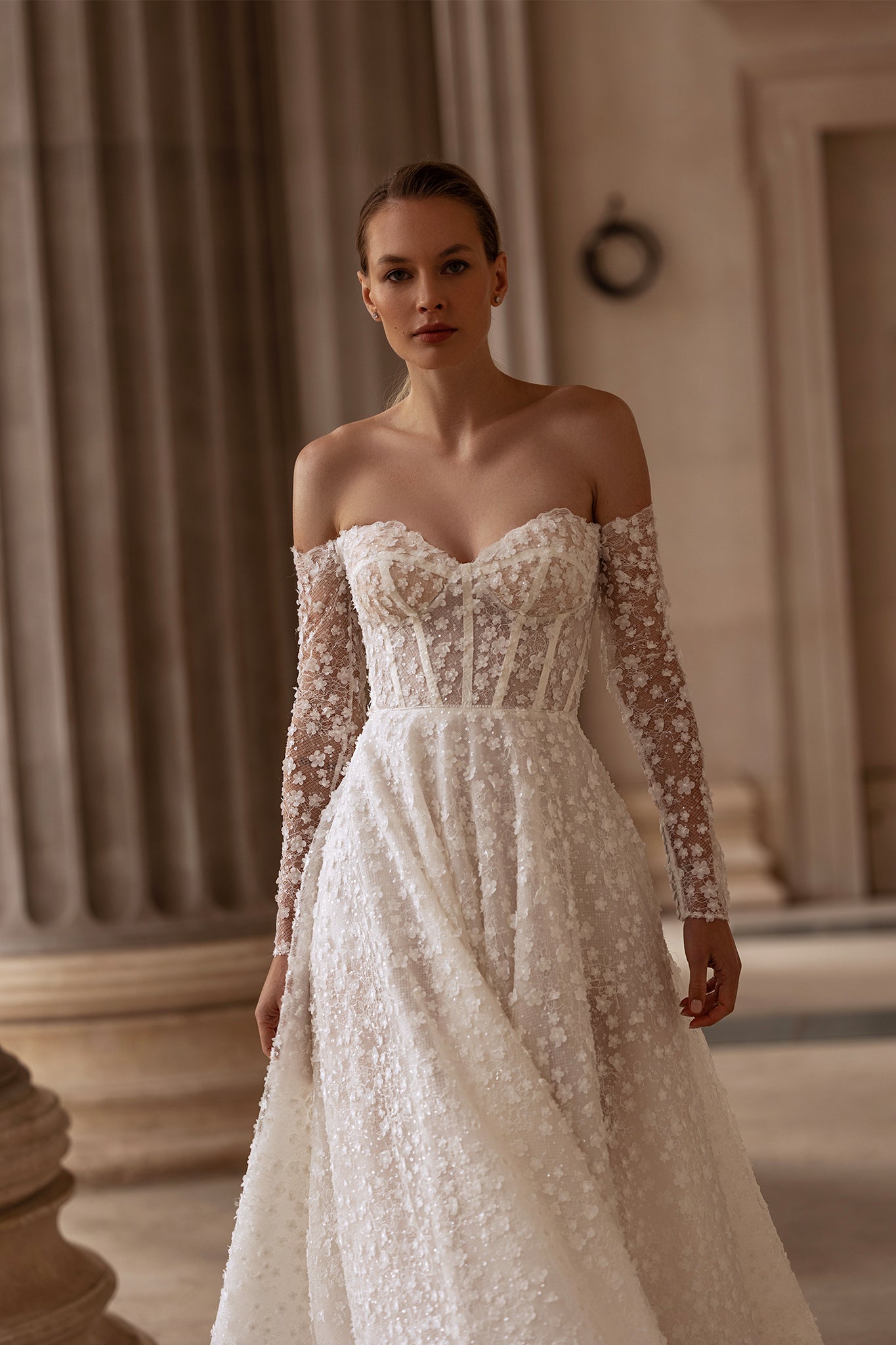 Timeless A-Line Wedding Gown with Classic Elegance, Strapless Bodice, and Delicate Floral Patterns for An Enchanting Bridal Aesthetic | Marelli Timeless A-Line Wedding Gown with Classic Elegance, Strapless Bodice, and Delicate Floral Patterns for An Enchanting Bridal Aesthetic | Marelli