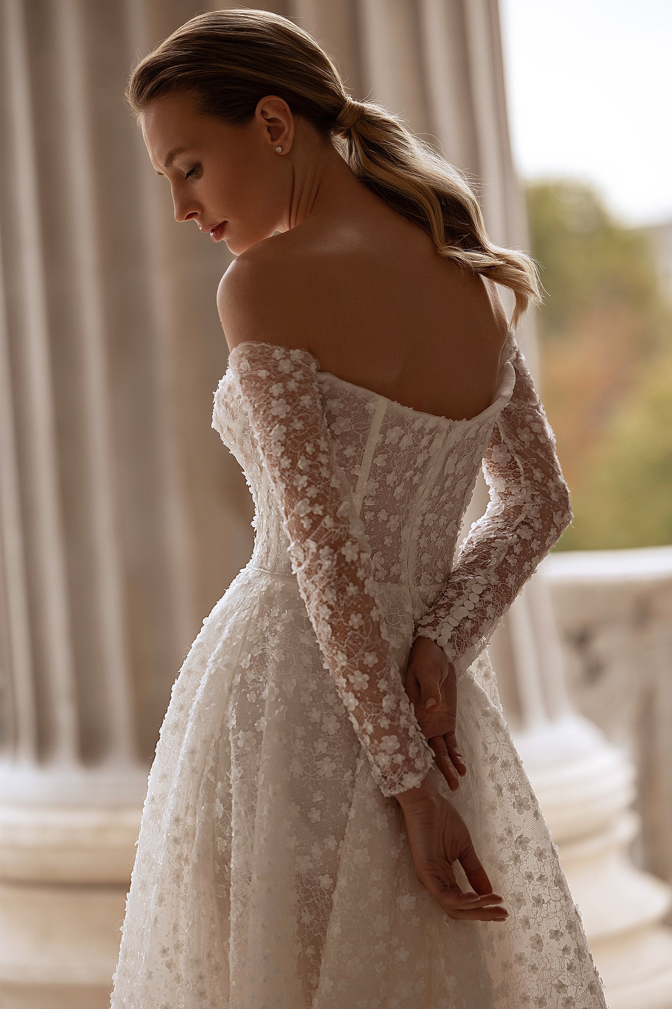 Timeless A-Line Wedding Gown with Classic Elegance, Strapless Bodice, and Delicate Floral Patterns for An Enchanting Bridal Aesthetic | Marelli Timeless A-Line Wedding Gown with Classic Elegance, Strapless Bodice, and Delicate Floral Patterns for An Enchanting Bridal Aesthetic | Marelli