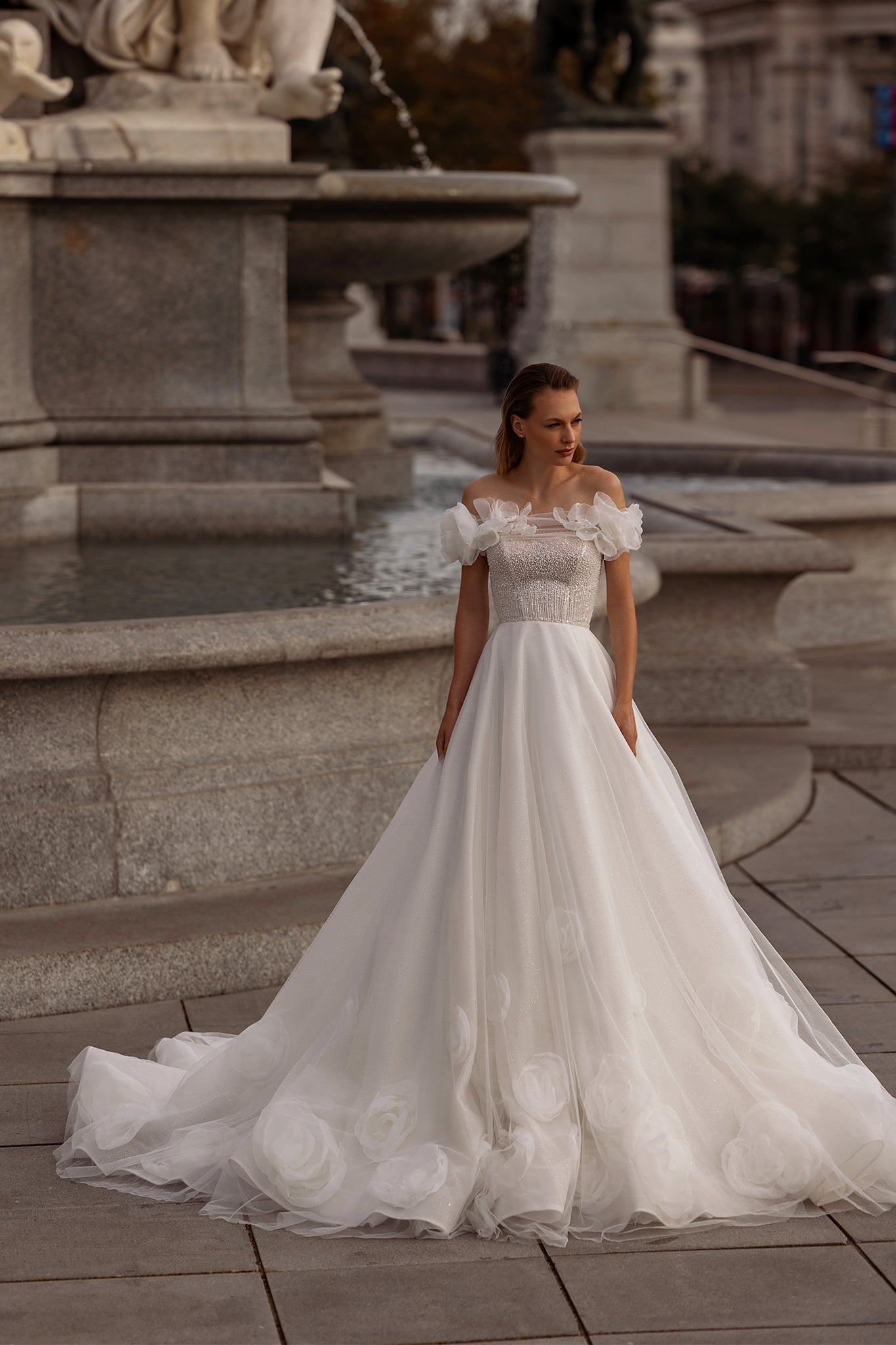 Classy A-Line Wedding Dress with Chiffon Skirt, Large Peony Off-the-Shoulder Sleeves, and Sparkling Bodice for Elegant Sophistication | Marelli Classy A-Line Wedding Dress with Chiffon Skirt, Large Peony Off-the-Shoulder Sleeves, and Sparkling Bodice for Elegant Sophistication | Marelli