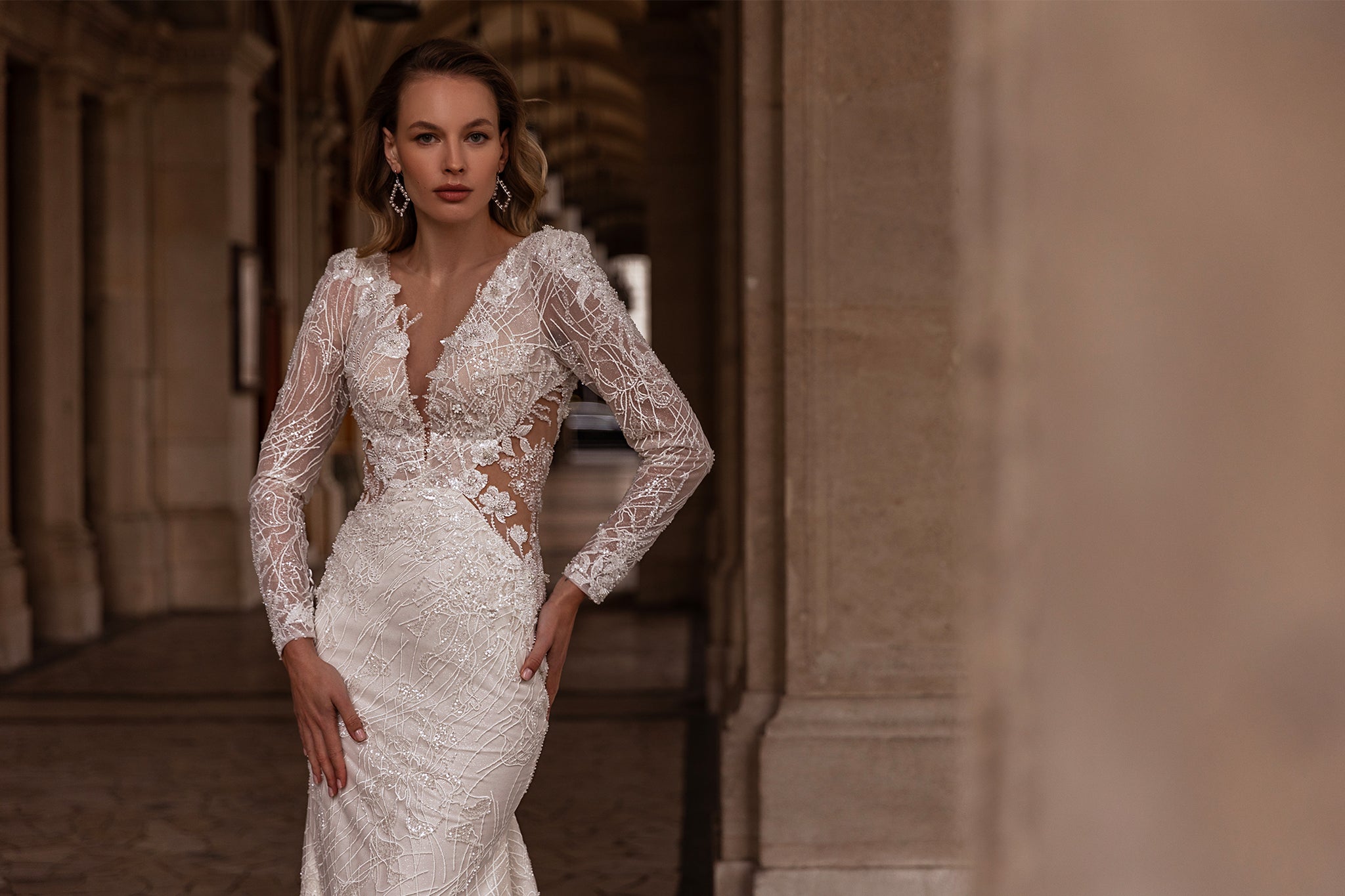 Breathtaking Trumpet Wedding Dress with Delicate Lace and Crystal Embellishments, Exposed Waistline, and Timeless Allure | Marelli Exclusive 8 / As Breathtaking Trumpet Wedding Dress with Delicate Lace and Crystal Embellishments, Exposed Waistline, and Timeless Allure | Marelli Exclusive 8 / As