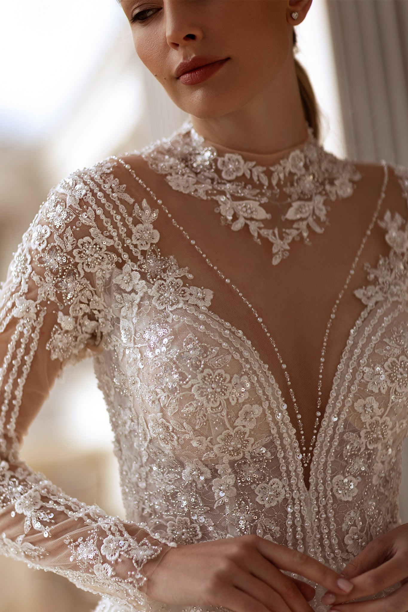 Enchanting A-Line Wedding Dress with Floral Lace Sleeves and Rhinestone Embellishments | Marelli Exclusive Custom Plus Size (+$150) / Solid ivory Enchanting A-Line Wedding Dress with Floral Lace Sleeves and Rhinestone Embellishments | Marelli Exclusive Custom Plus Size (+$150) / Solid ivory