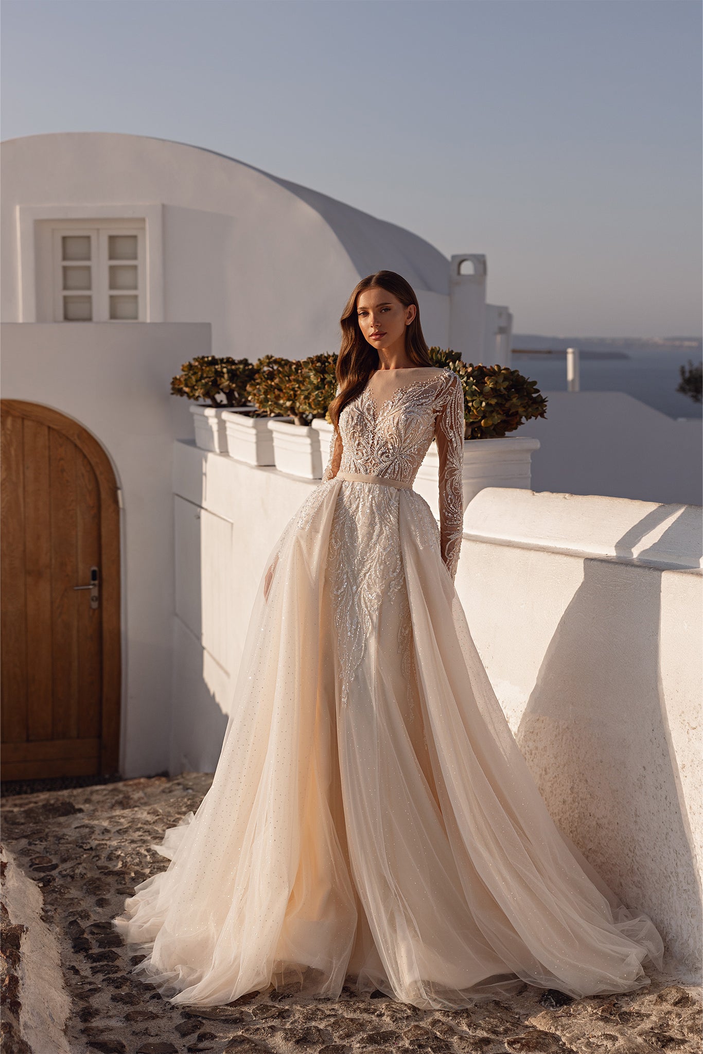 Romantic Lace Wedding Gown with Sheer Sleeves and Tulle Overskirt Custom Plus Size (+$150) / Solid Ivory Romantic Lace Wedding Gown with Sheer Sleeves and Tulle Overskirt Custom Plus Size (+$150) / Solid Ivory