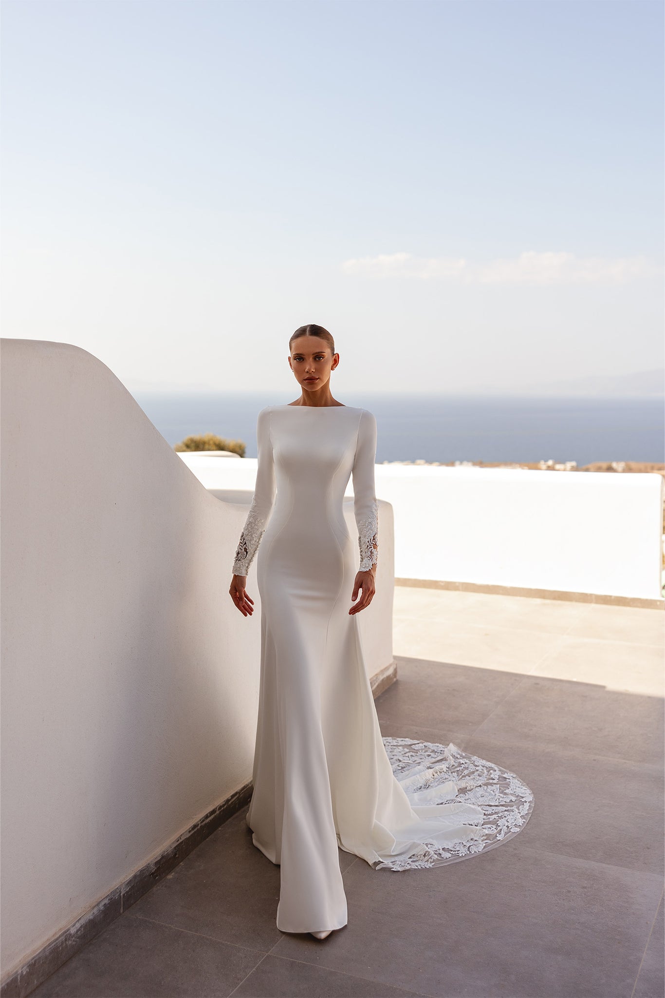 fitted lace wedding dress Elegant Long Sleeves Lace Crepe Unique Slim A-Line Wedding Dress main image 0