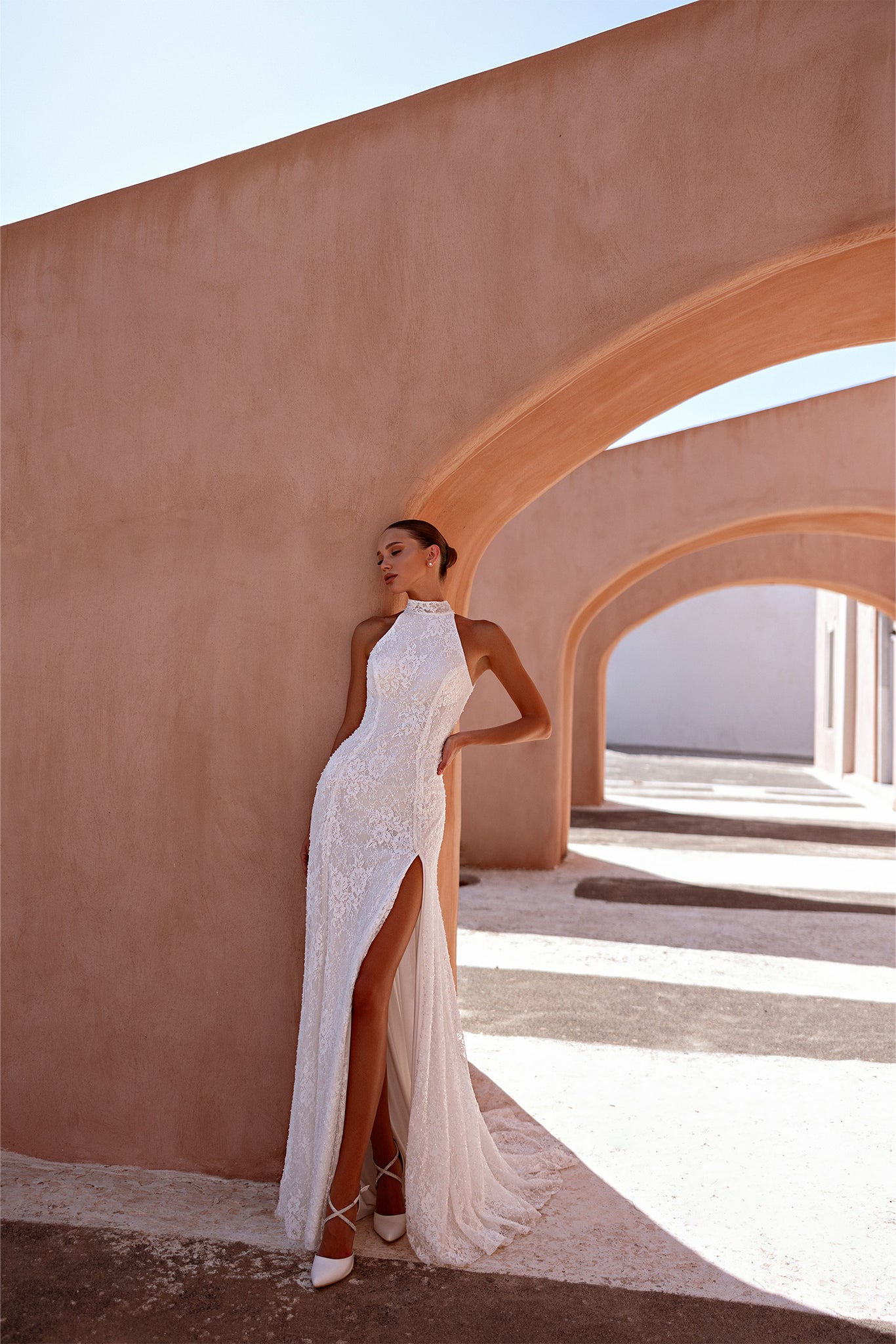 Halter-Style Bridal Gown with Lace Detail and Detachable Overskirt – Marelli Exclusive
