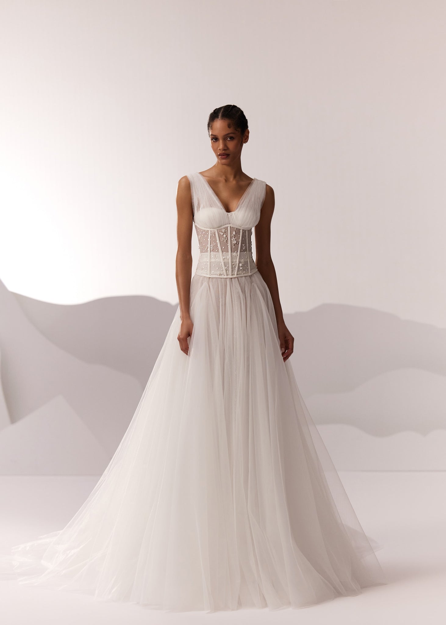 wedding dress lace up corset Two Piece Lace-Up Top Slit A-line with Cascading Pleats Chiffon Dresses, CW0440 US2 / Custom Color(leaving a note) The full layered skirt of tulle cascades gracefully around your body while the lace Dreamy V-Neck Bridal Gown with