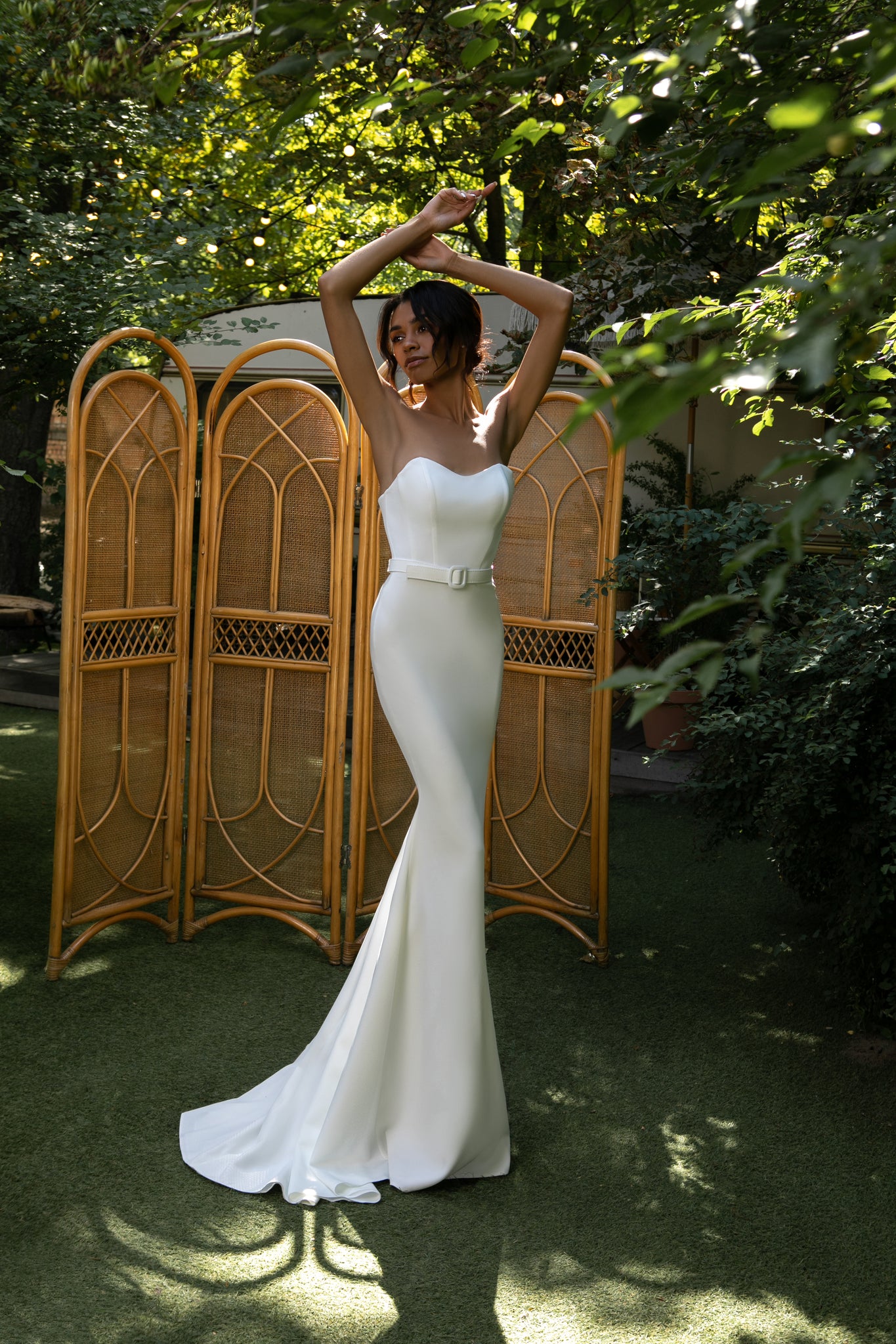crepe mermaid wedding dress with metallic embroidery Davids Bridal Crepe Mermaid Dress