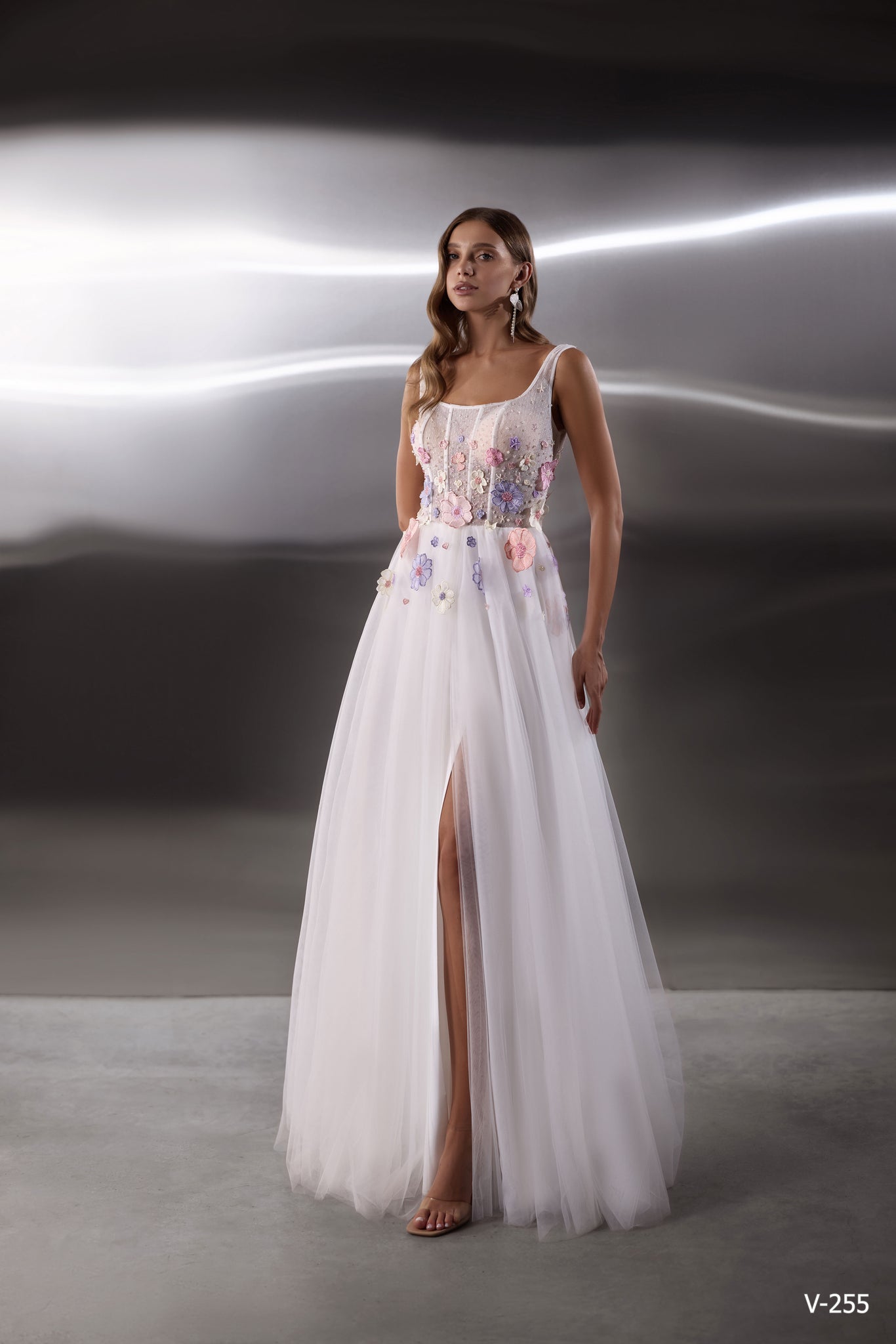 floral applique sheer dress Romantic Lilac 3D Floral Applique Sheer Tulle Mermaid Evening Dress with Scarf SS415