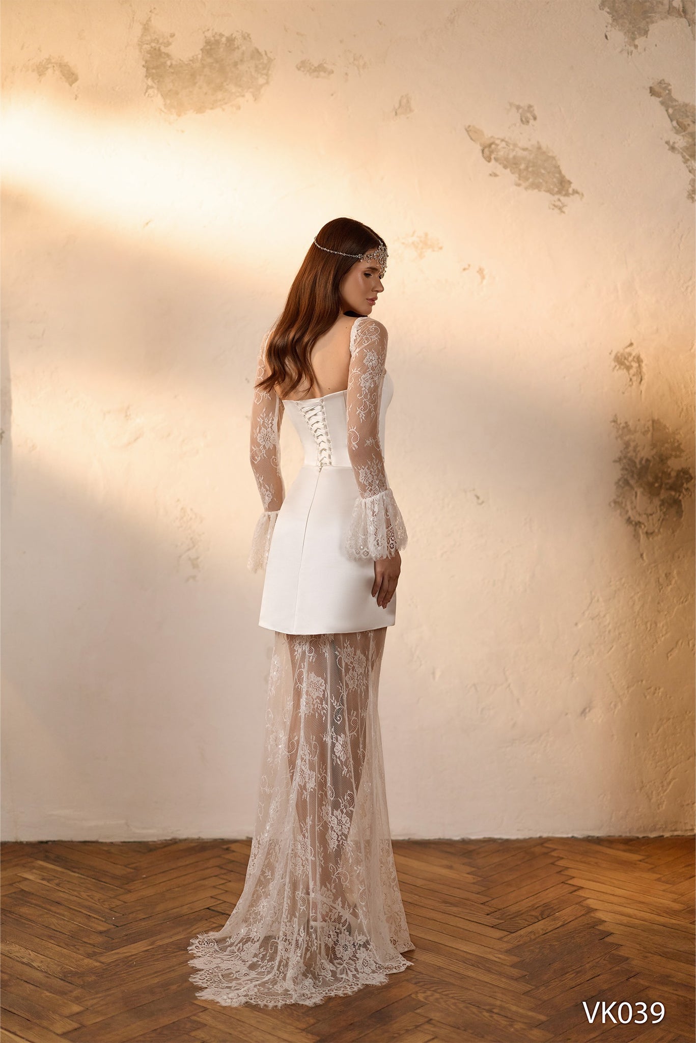 Strapless bridal mini dress with detachable sheer lace sleeves and lace overskirt